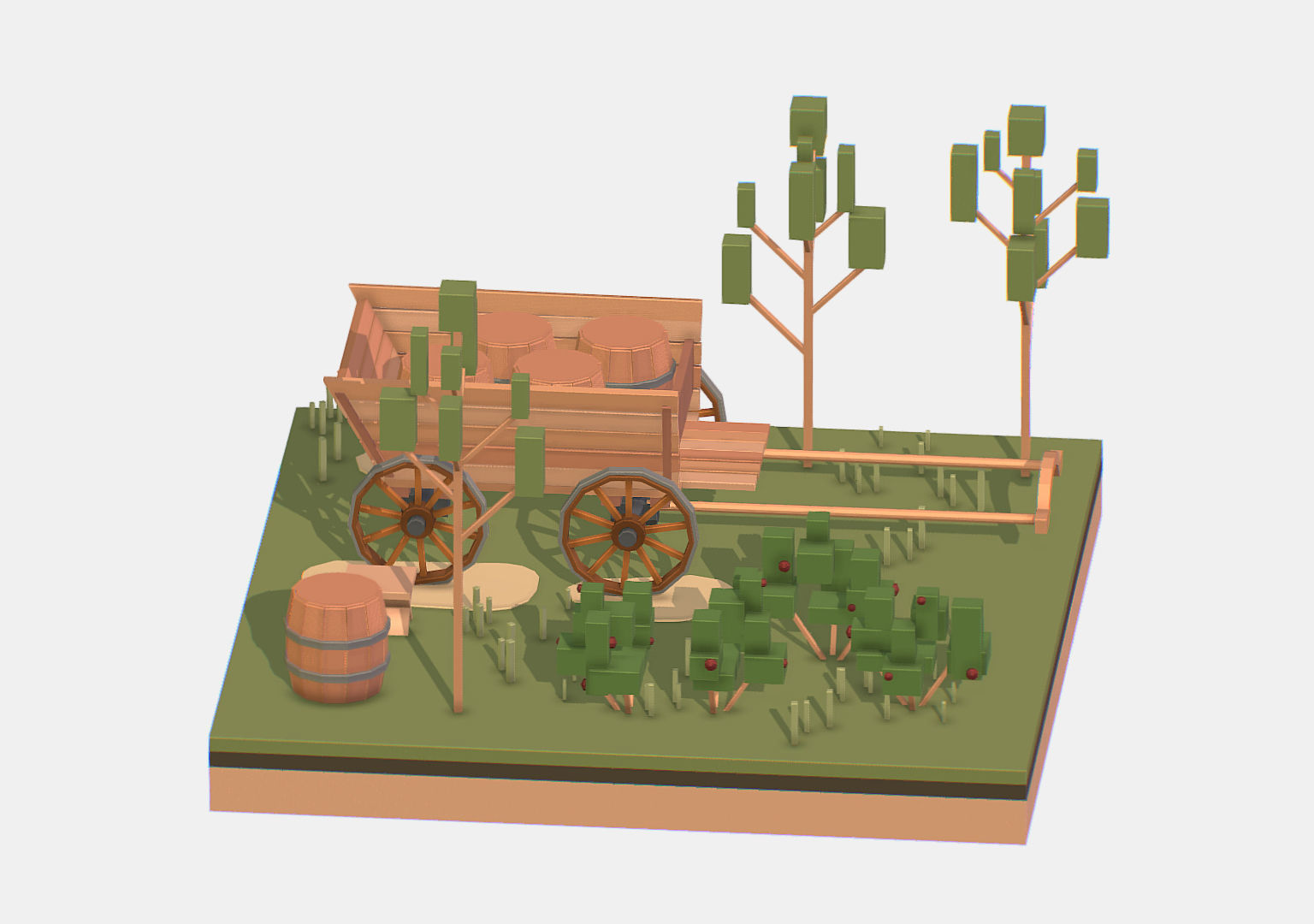 Isometric Village Wood Cart Barrel  Low-poly 3D model_4