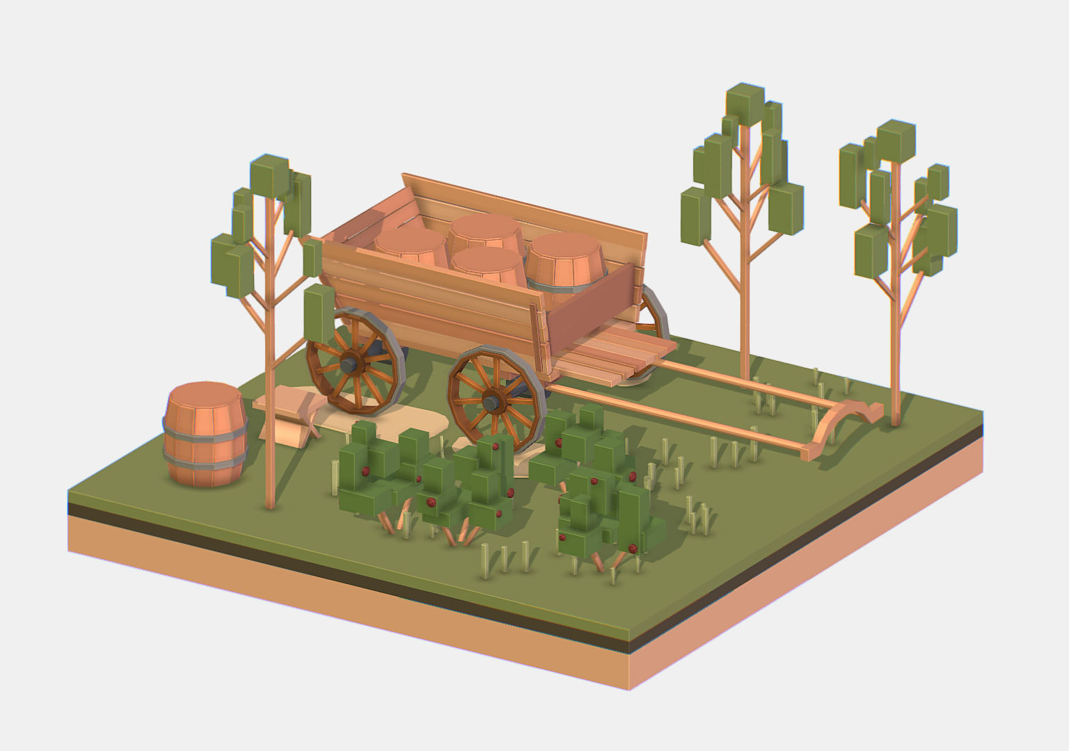 Isometric Village Wood Cart Barrel  Low-poly 3D model_10