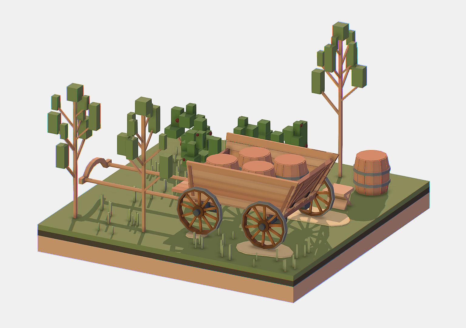 Isometric Village Wood Cart Barrel  Low-poly 3D model_14