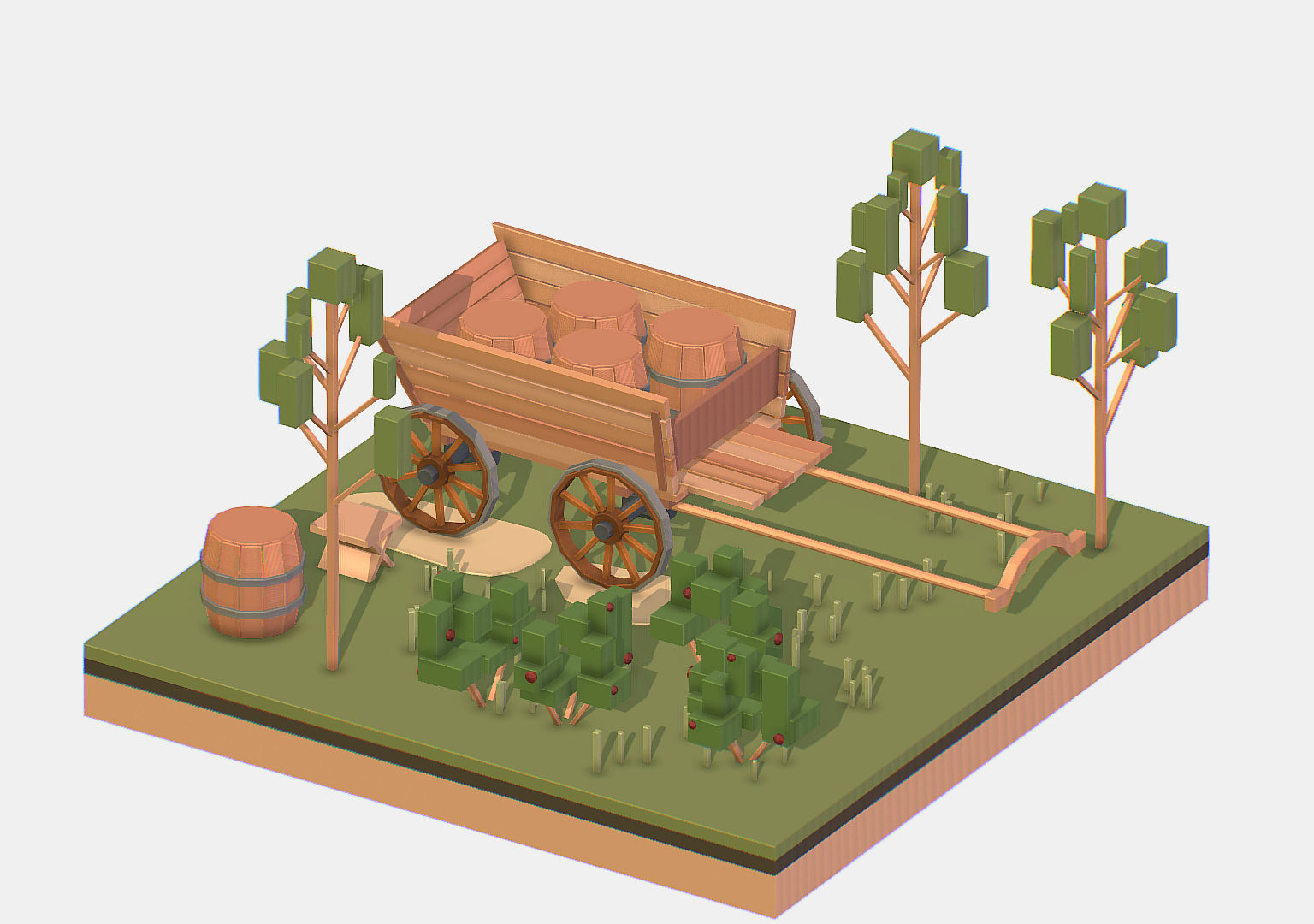 Isometric Village Wood Cart Barrel  Low-poly 3D model_5
