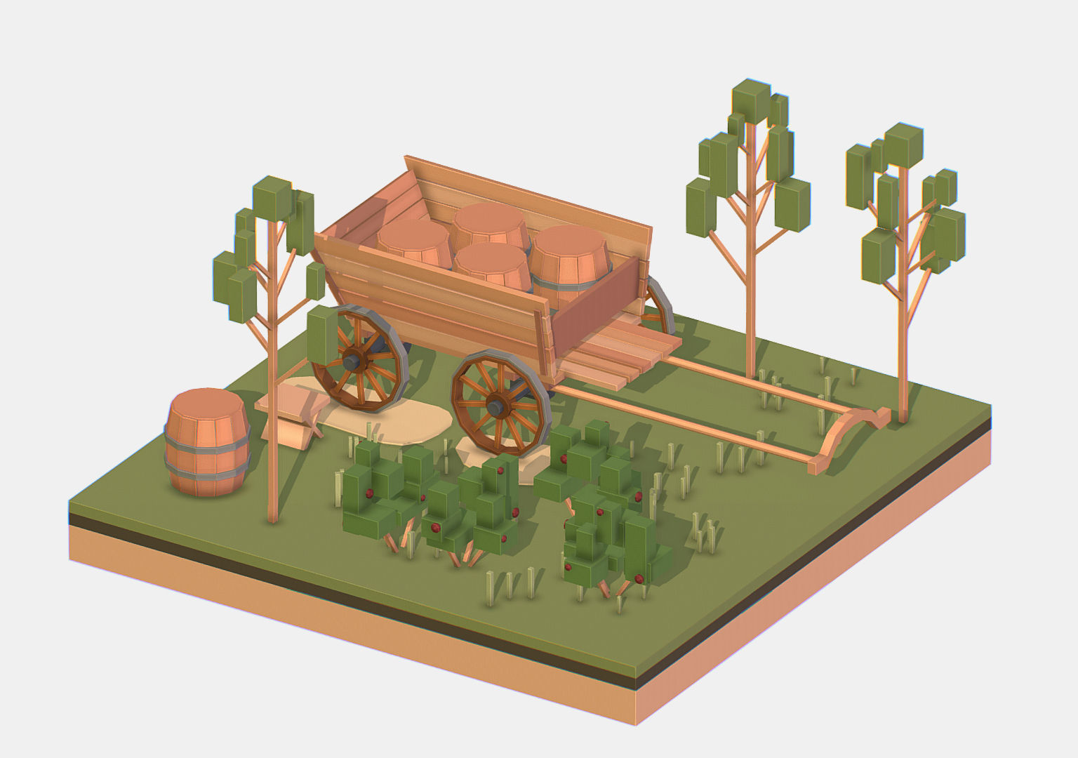 Isometric Village Wood Cart Barrel  Low-poly 3D model_2