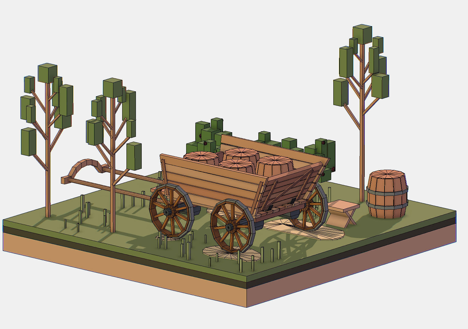 Isometric Village Wood Cart Barrel  Low-poly 3D model_30
