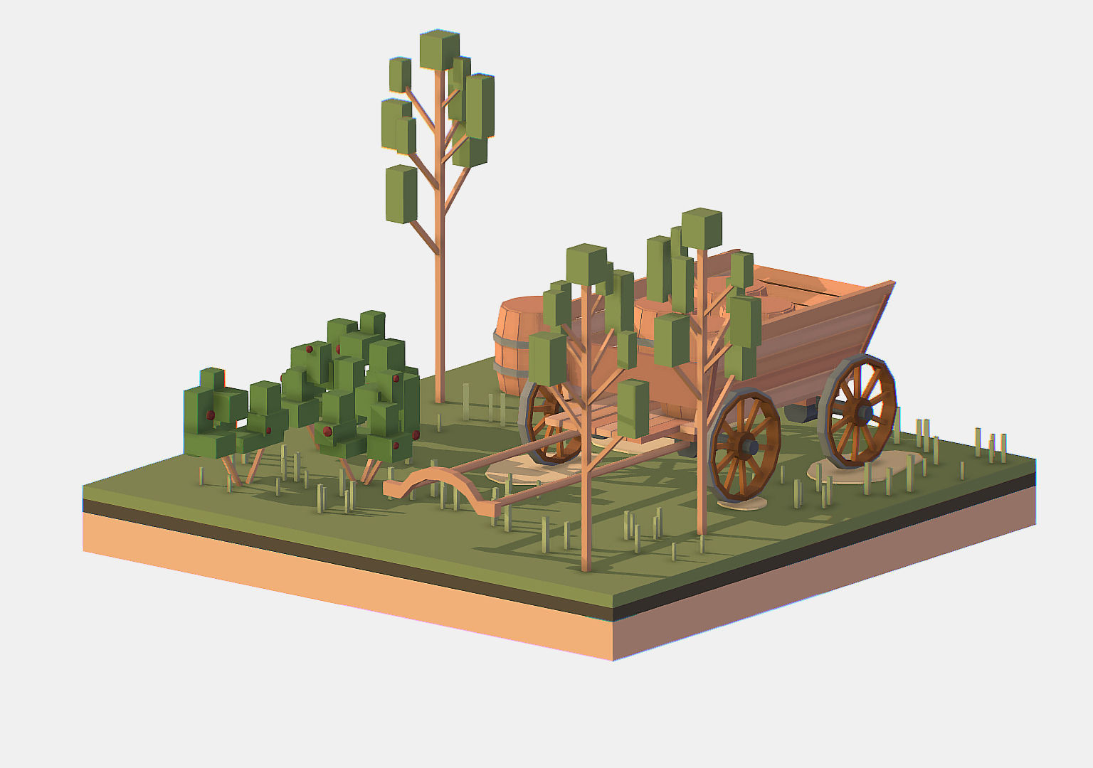 Isometric Village Wood Cart Barrel  Low-poly 3D model_15