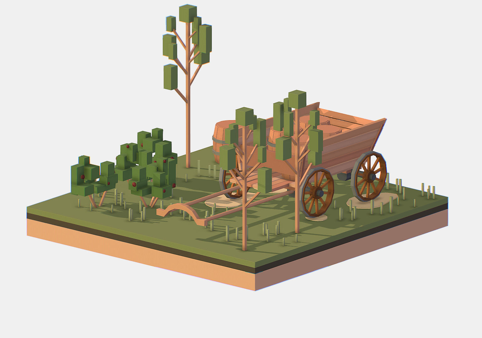 Isometric Village Wood Cart Barrel  Low-poly 3D model_8