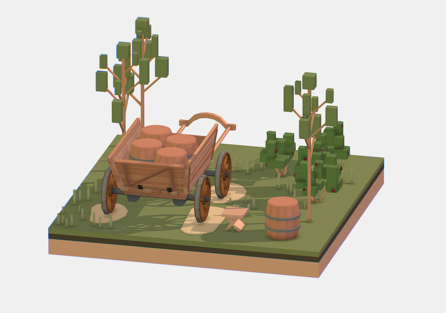Isometric Village Wood Cart Barrel  Low-poly 3D model_12