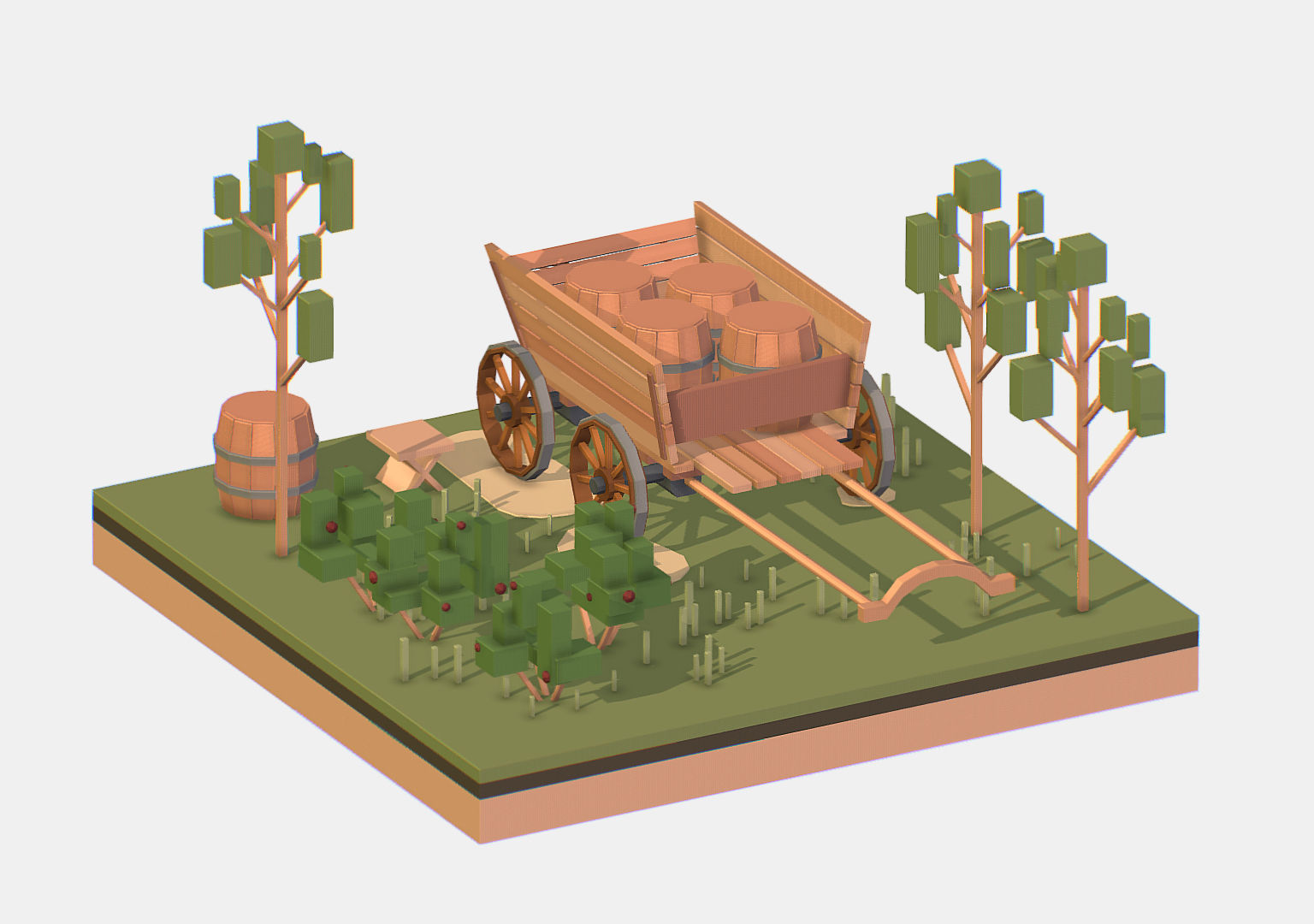 Isometric Village Wood Cart Barrel  Low-poly 3D model_6