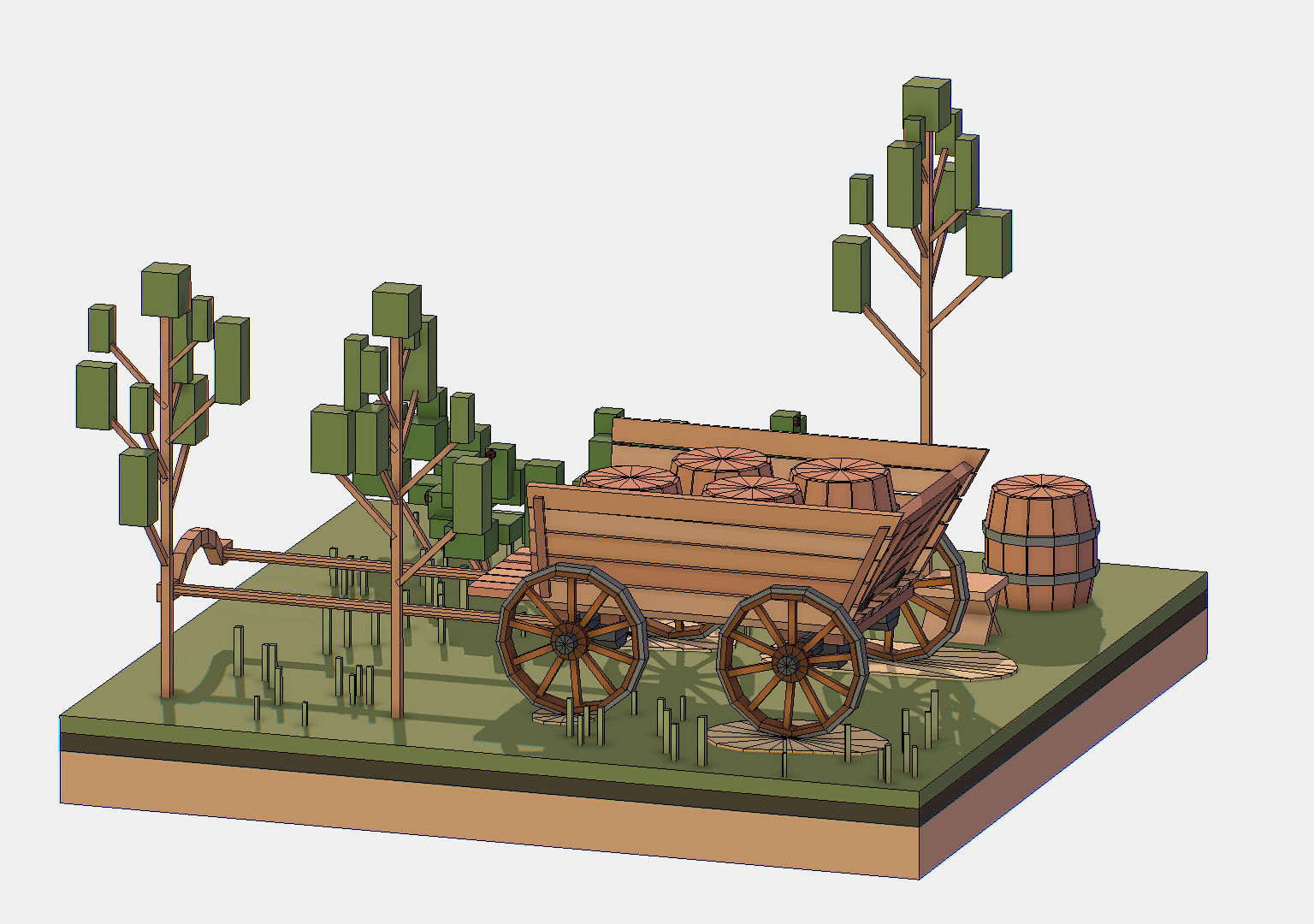 Isometric Village Wood Cart Barrel  Low-poly 3D model_25