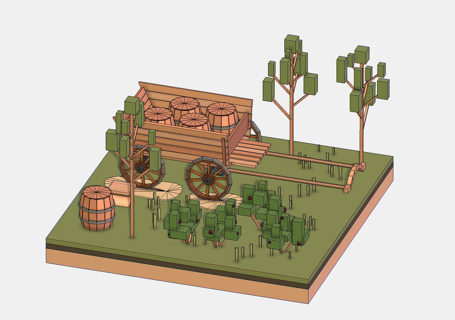 Isometric Village Wood Cart Barrel  Low-poly 3D model_20