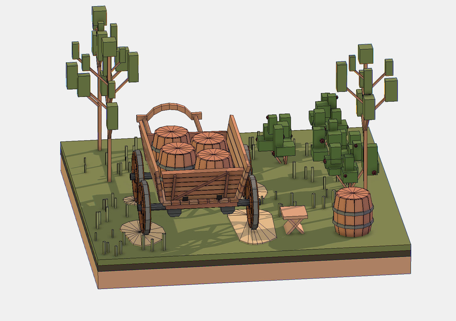 Isometric Village Wood Cart Barrel  Low-poly 3D model_32