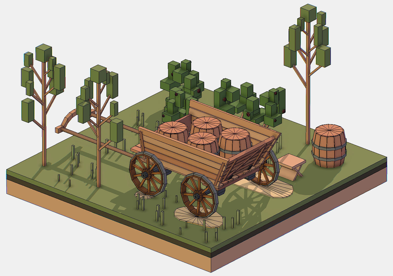 Isometric Village Wood Cart Barrel  Low-poly 3D model_28