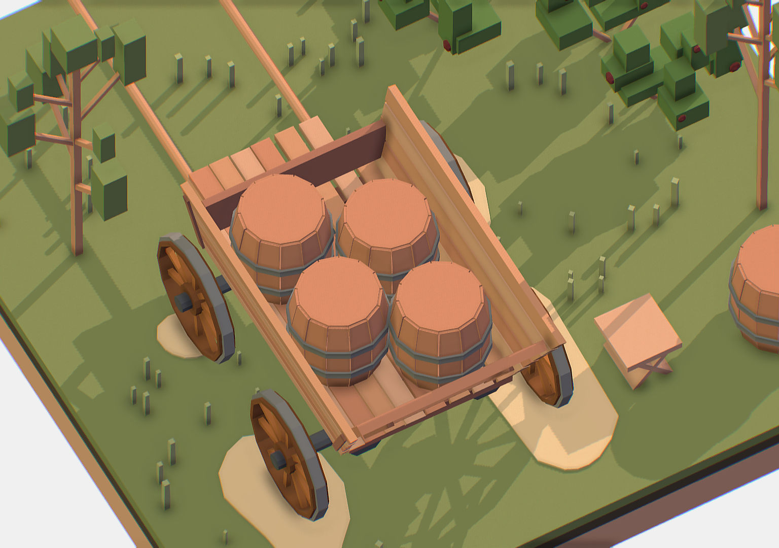 Isometric Village Wood Cart Barrel  Low-poly 3D model_18