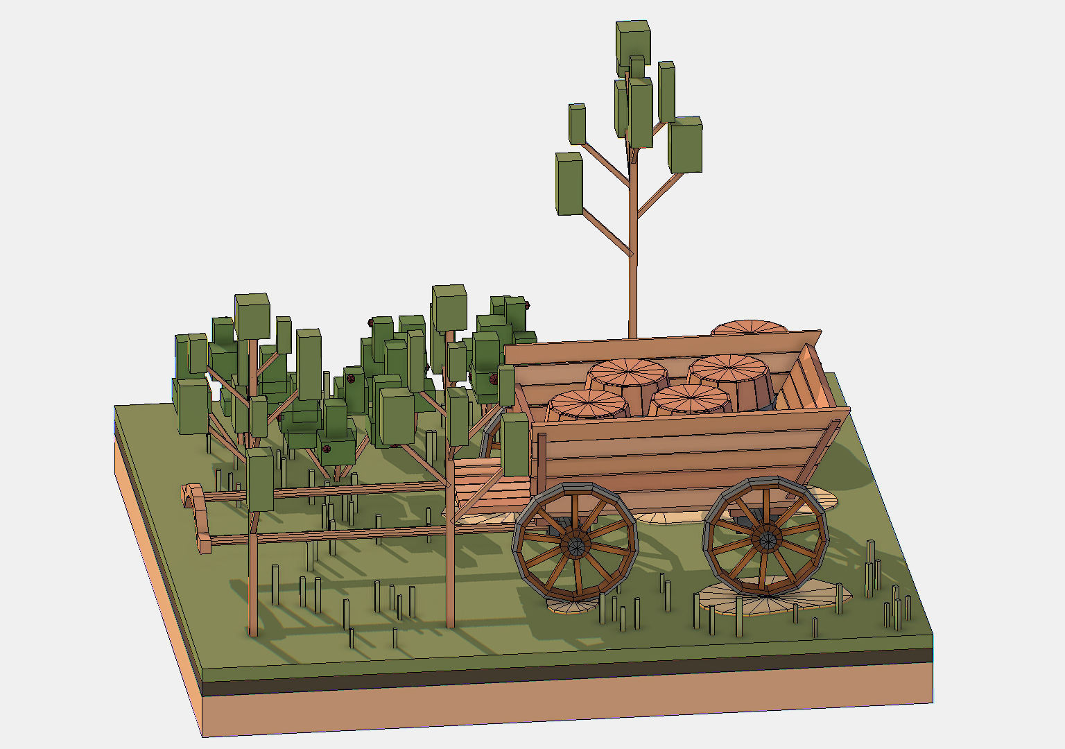 Isometric Village Wood Cart Barrel  Low-poly 3D model_26