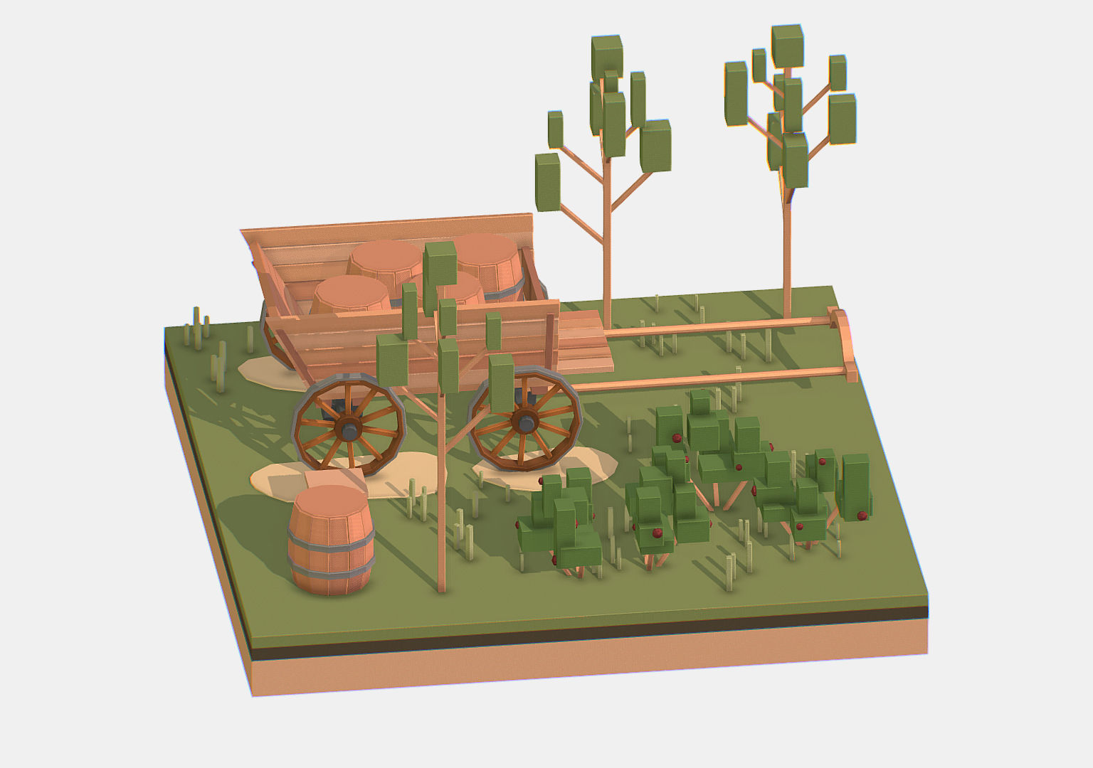 Isometric Village Wood Cart Barrel  Low-poly 3D model_11