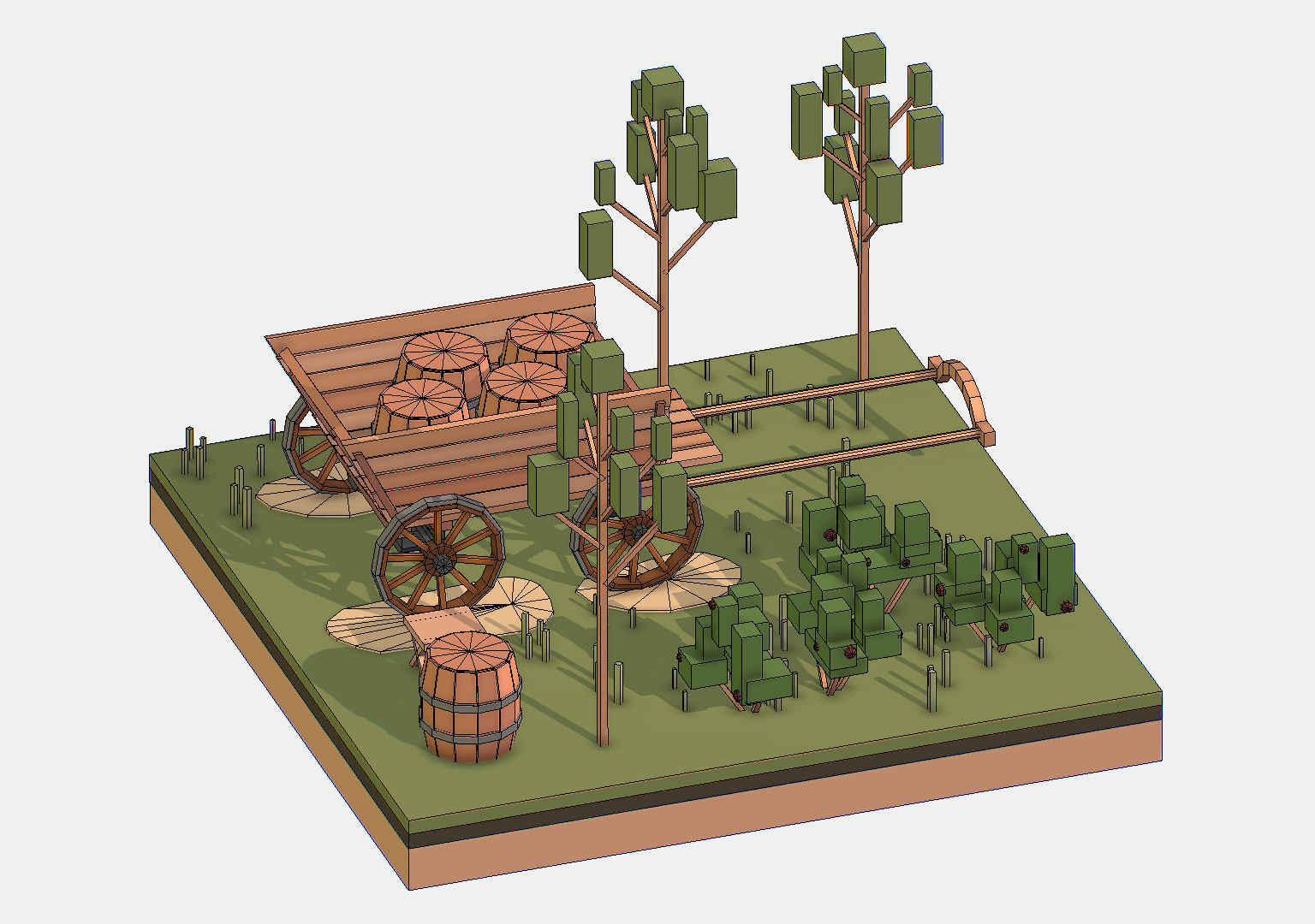 Isometric Village Wood Cart Barrel  Low-poly 3D model_21