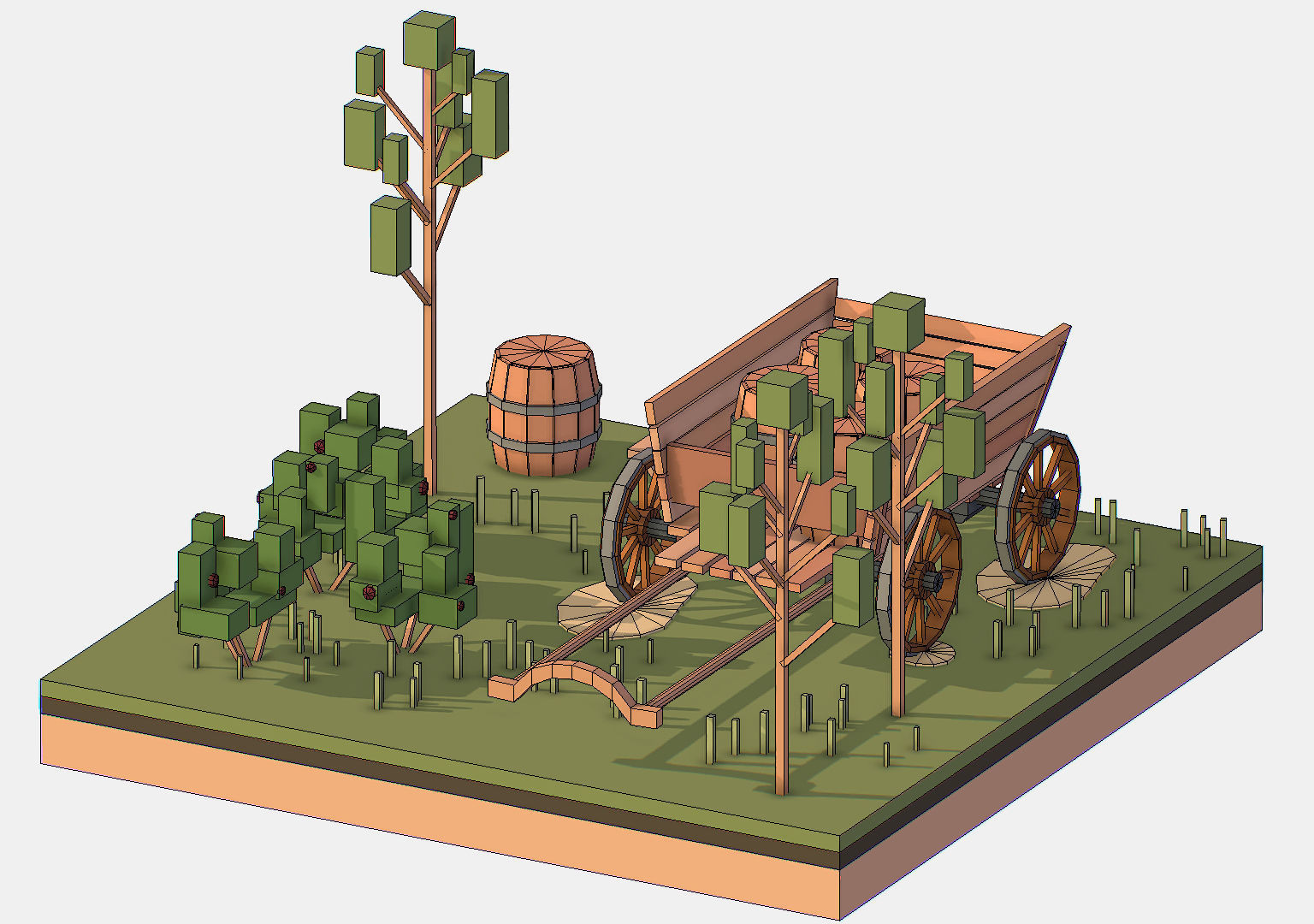 Isometric Village Wood Cart Barrel  Low-poly 3D model_29