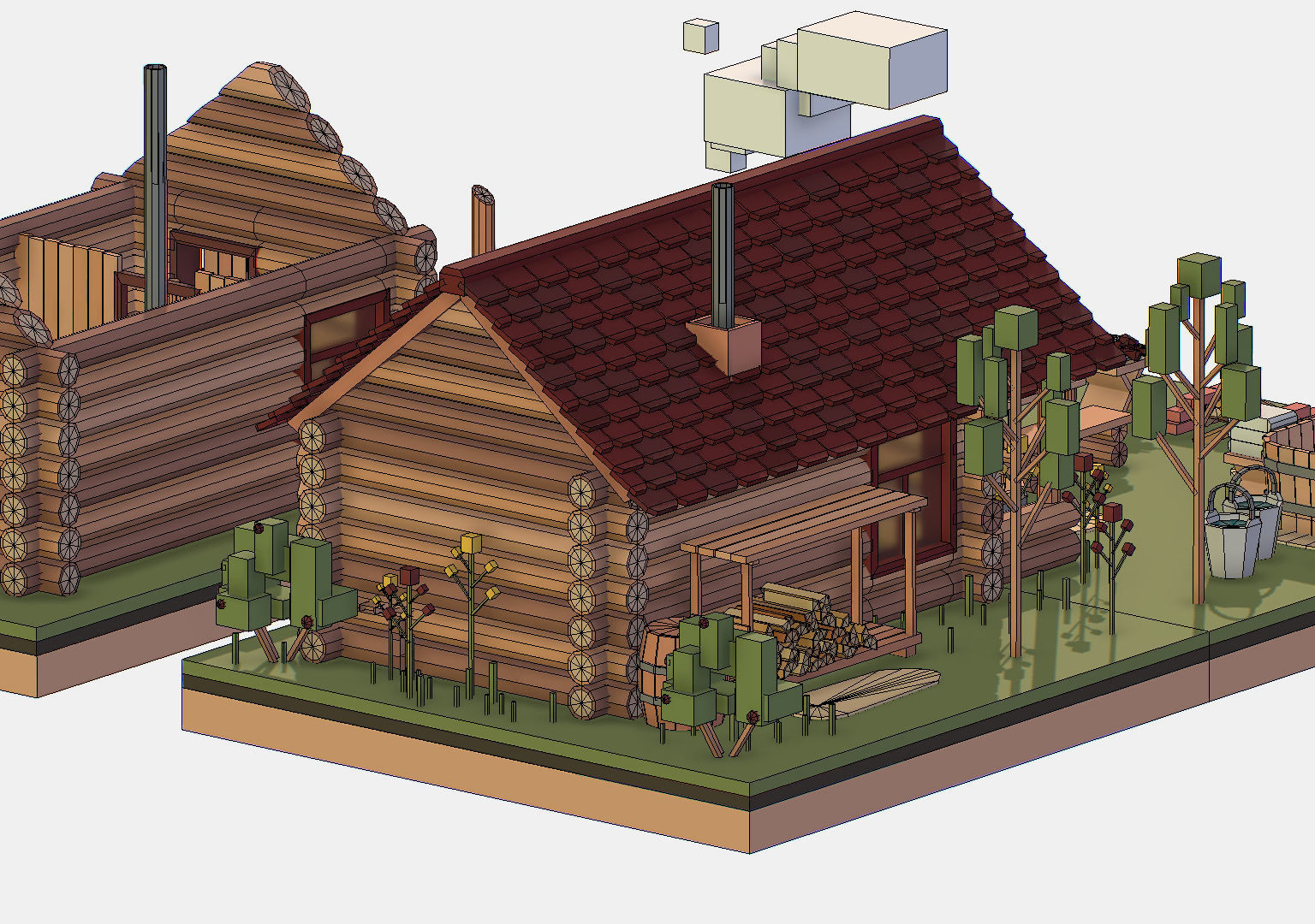 Isometric Russian Village Bathhouse Bath Accessories Low-poly 3D model_37