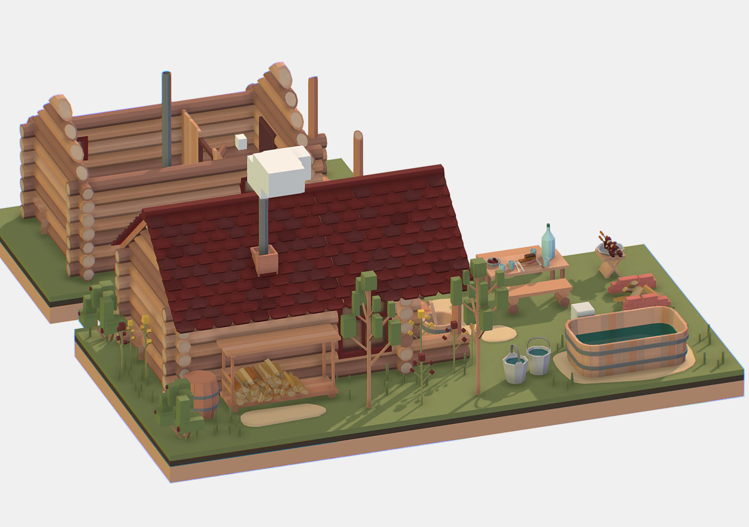 Isometric Russian Village Bathhouse Bath Accessories Low-poly 3D model_7