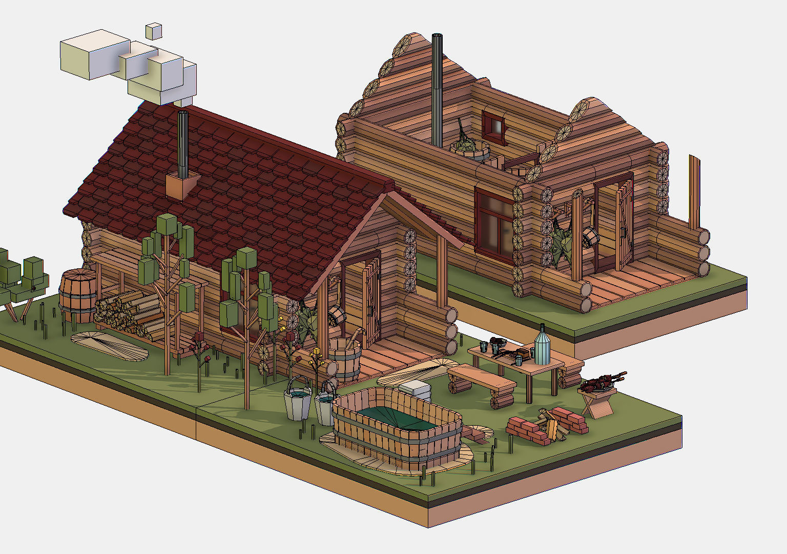 Isometric Russian Village Bathhouse Bath Accessories Low-poly 3D model_42