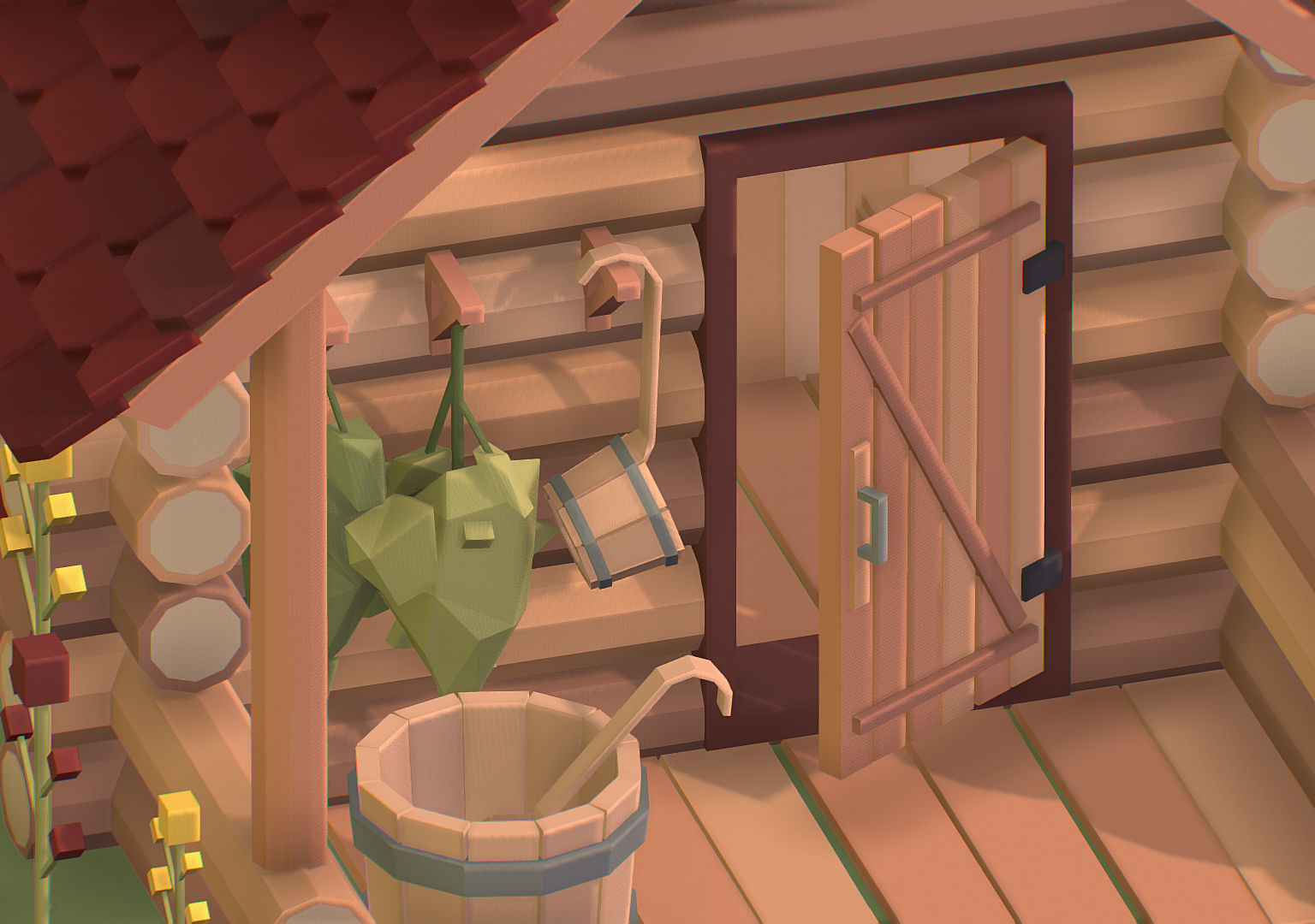 Isometric Russian Village Bathhouse Bath Accessories Low-poly 3D model_17