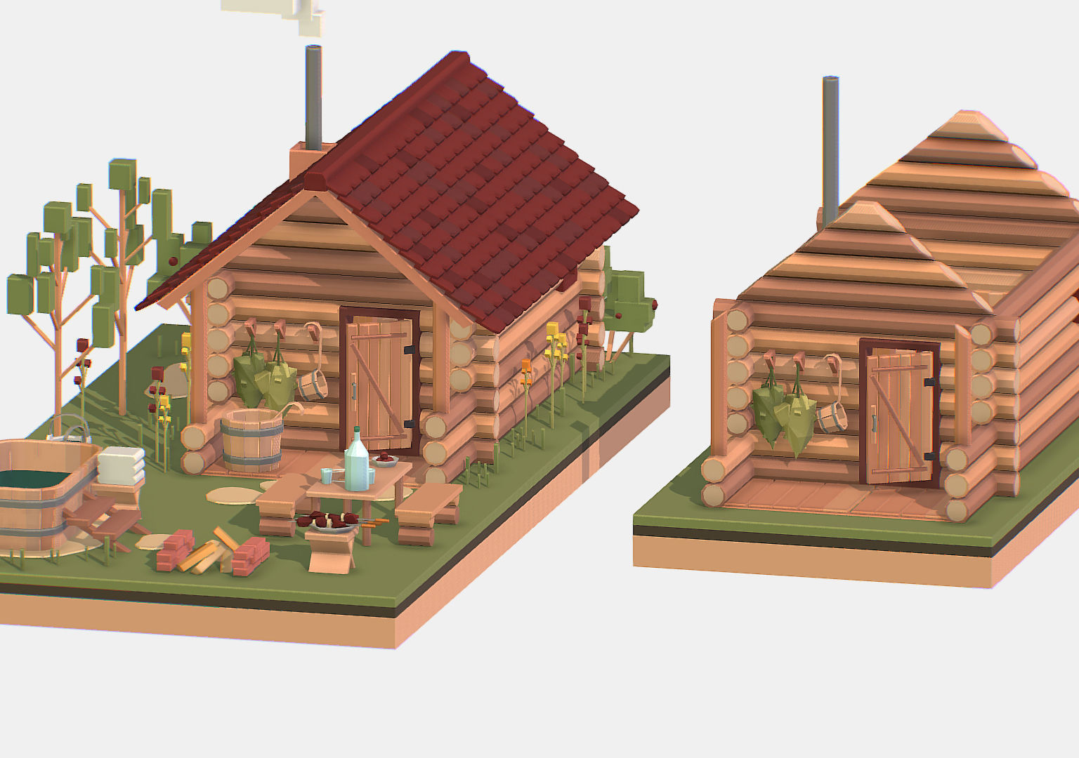 Isometric Russian Village Bathhouse Bath Accessories Low-poly 3D model_26