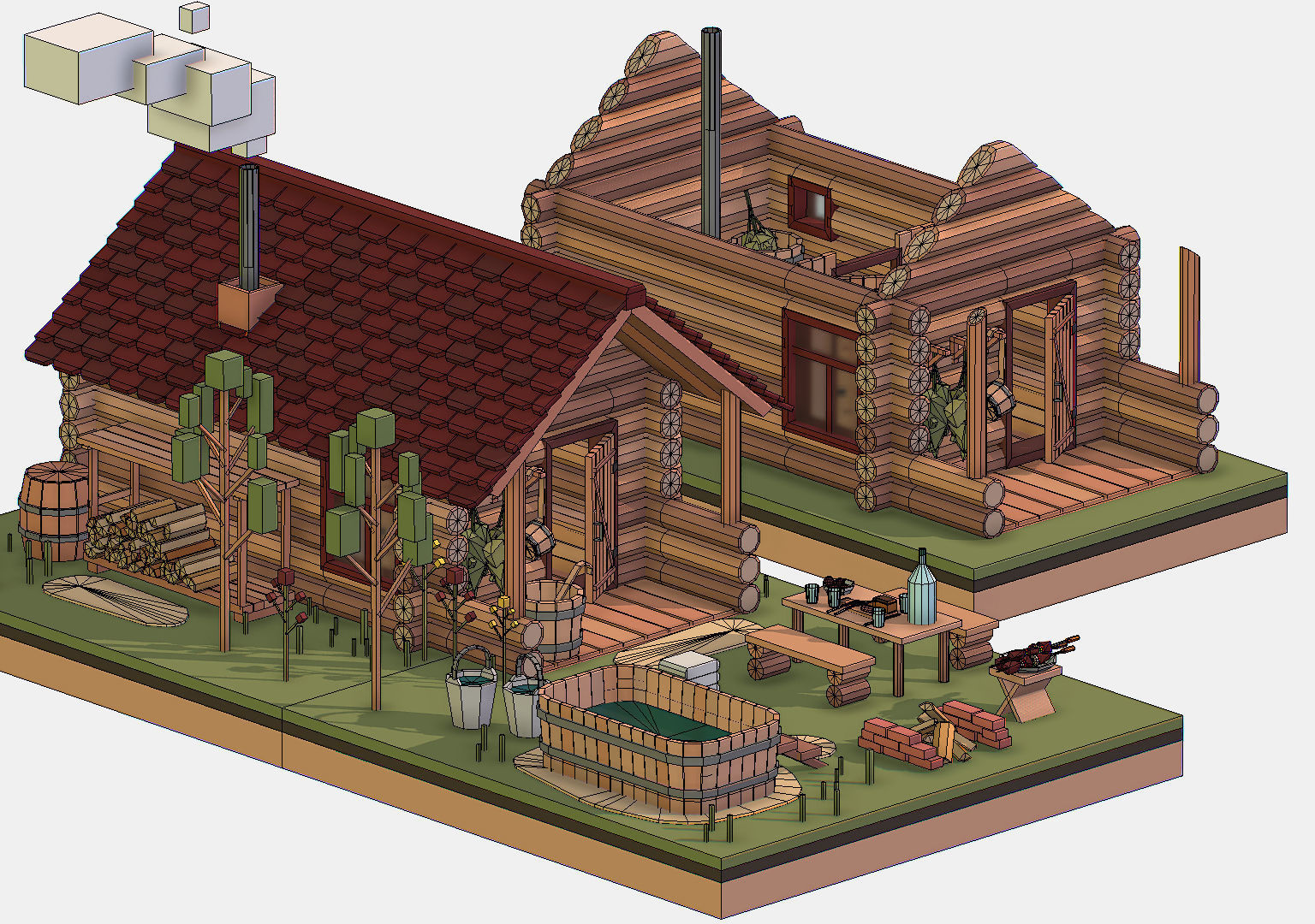 Isometric Russian Village Bathhouse Bath Accessories Low-poly 3D model_34