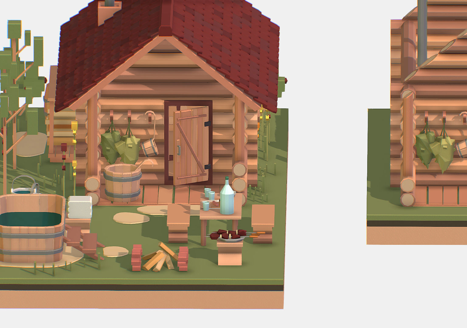 Isometric Russian Village Bathhouse Bath Accessories Low-poly 3D model_12