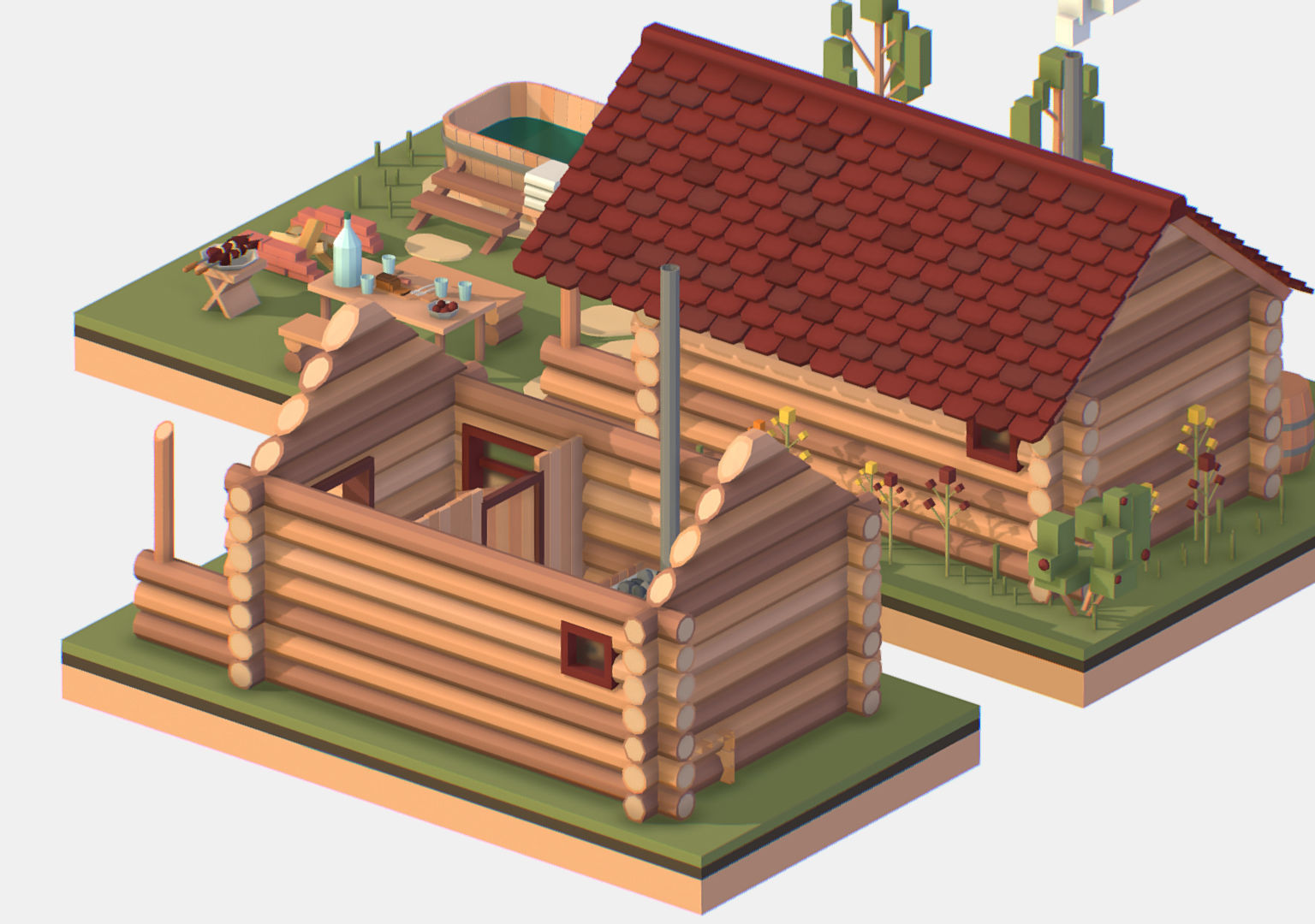Isometric Russian Village Bathhouse Bath Accessories Low-poly 3D model_24