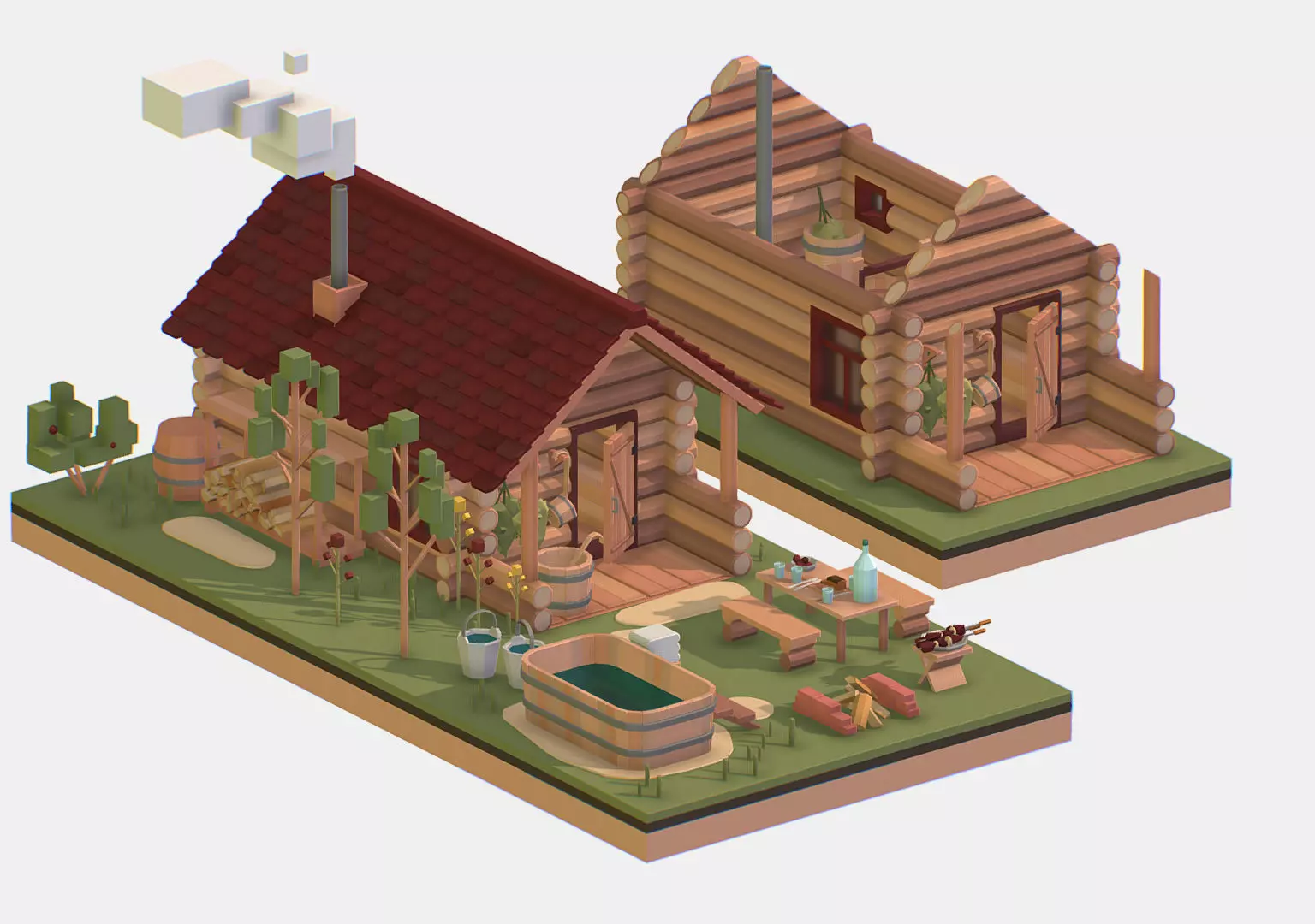 Isometric Russian Village Bathhouse Bath Accessories Low-poly 3D model_0