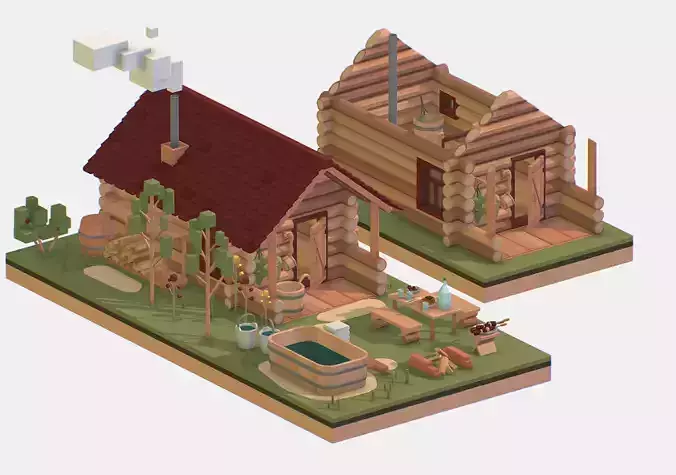 Isometric Russian Village Bathhouse Bath Accessories Low-poly 3D model