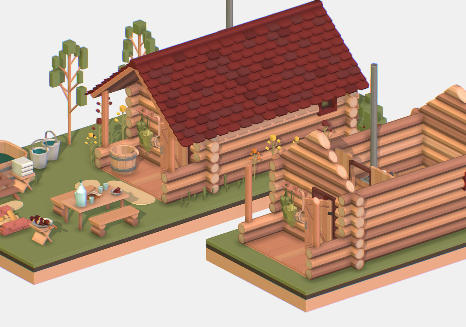 Isometric Russian Village Bathhouse Bath Accessories Low-poly 3D model_23