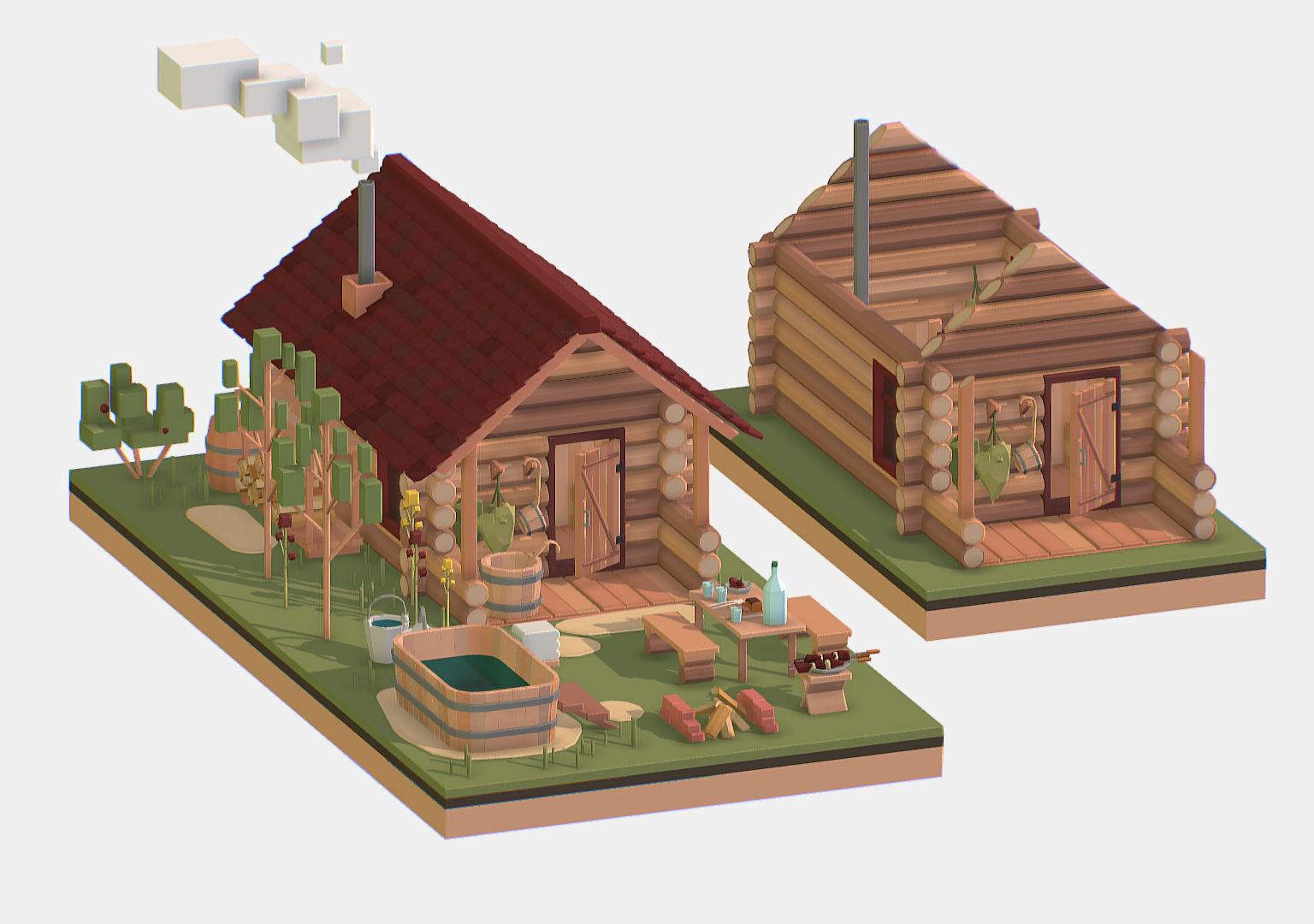 Isometric Russian Village Bathhouse Bath Accessories Low-poly 3D model_15