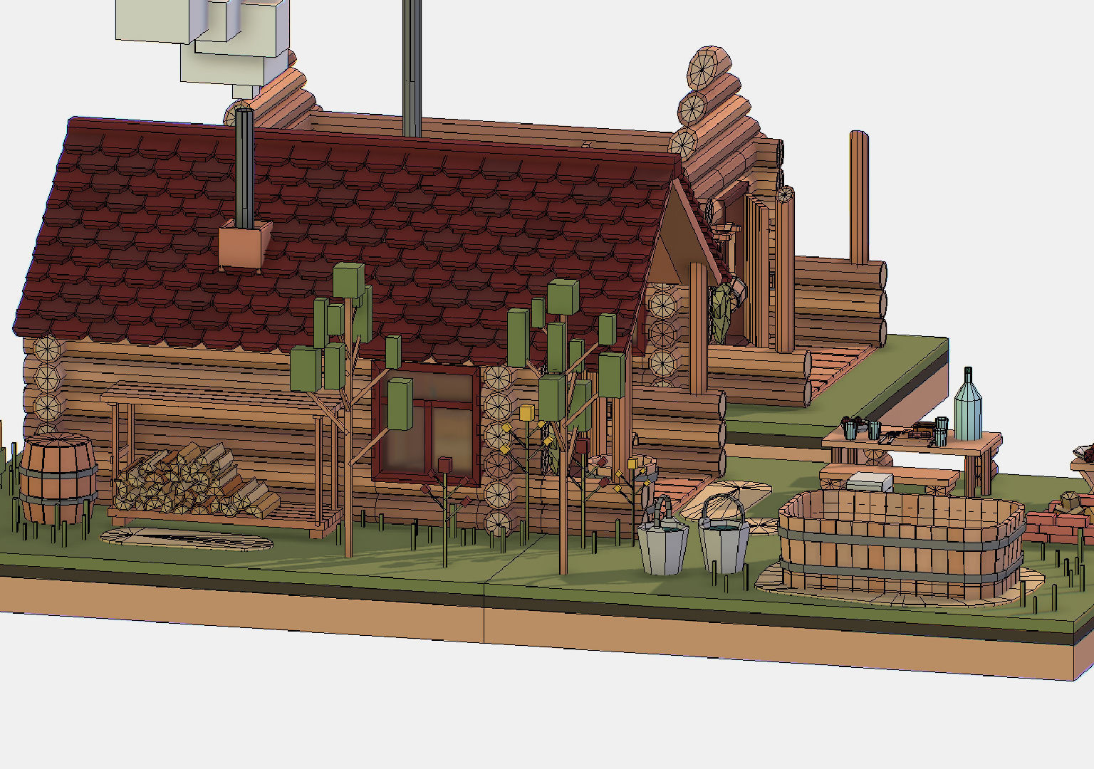 Isometric Russian Village Bathhouse Bath Accessories Low-poly 3D model_35