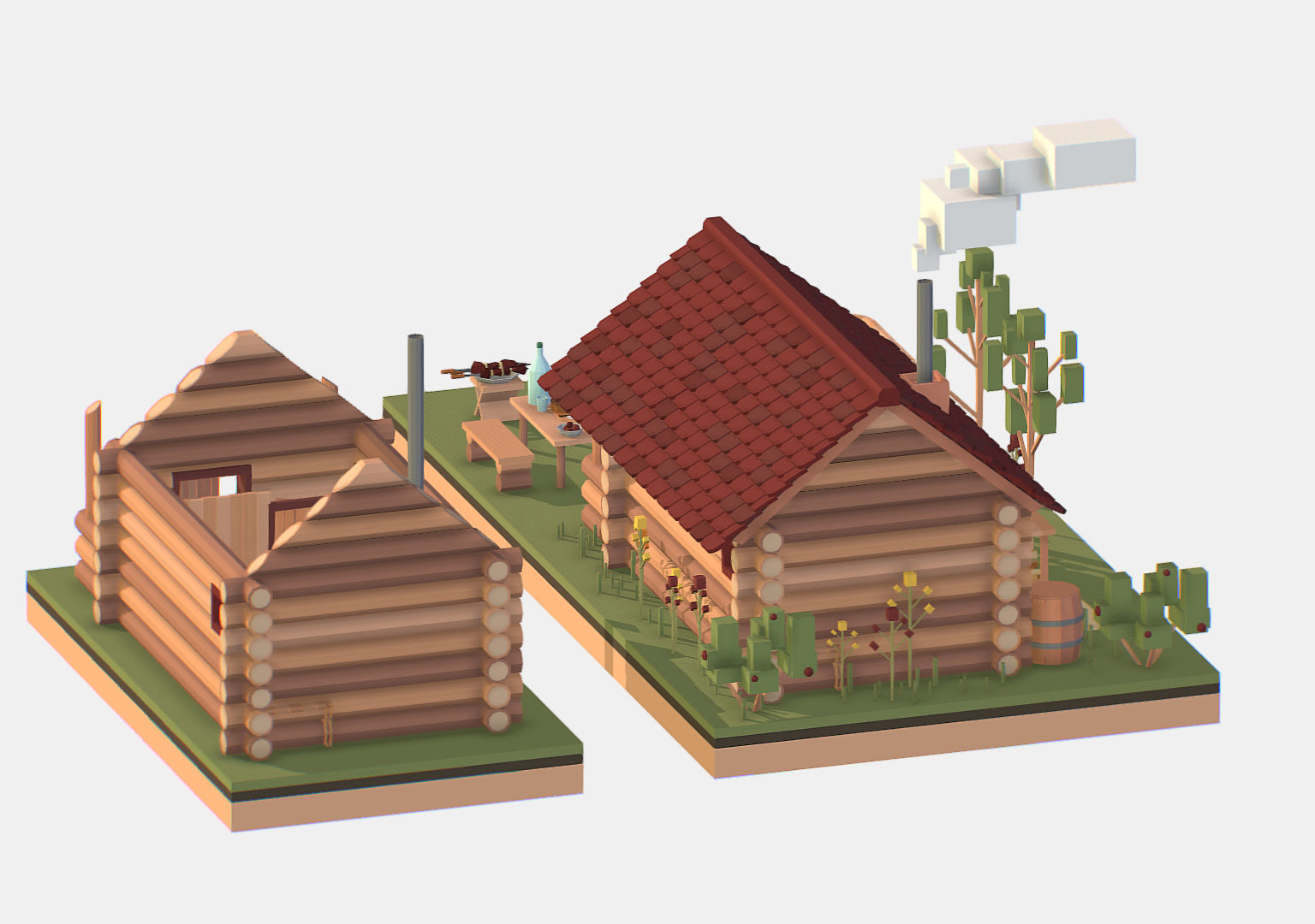 Isometric Russian Village Bathhouse Bath Accessories Low-poly 3D model_4
