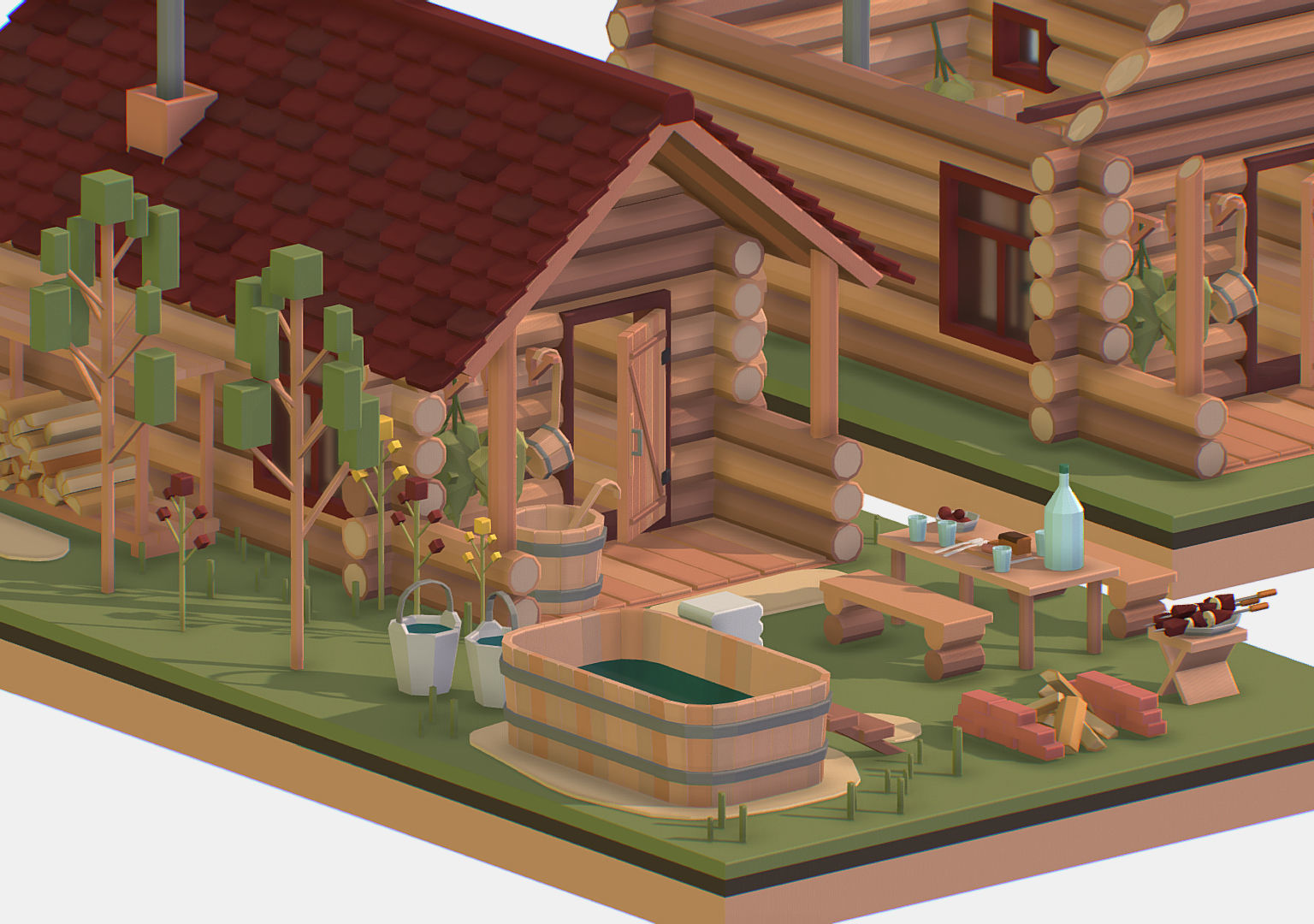 Isometric Russian Village Bathhouse Bath Accessories Low-poly 3D model_14