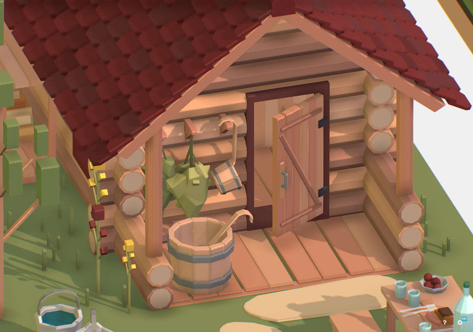 Isometric Russian Village Bathhouse Bath Accessories Low-poly 3D model_19