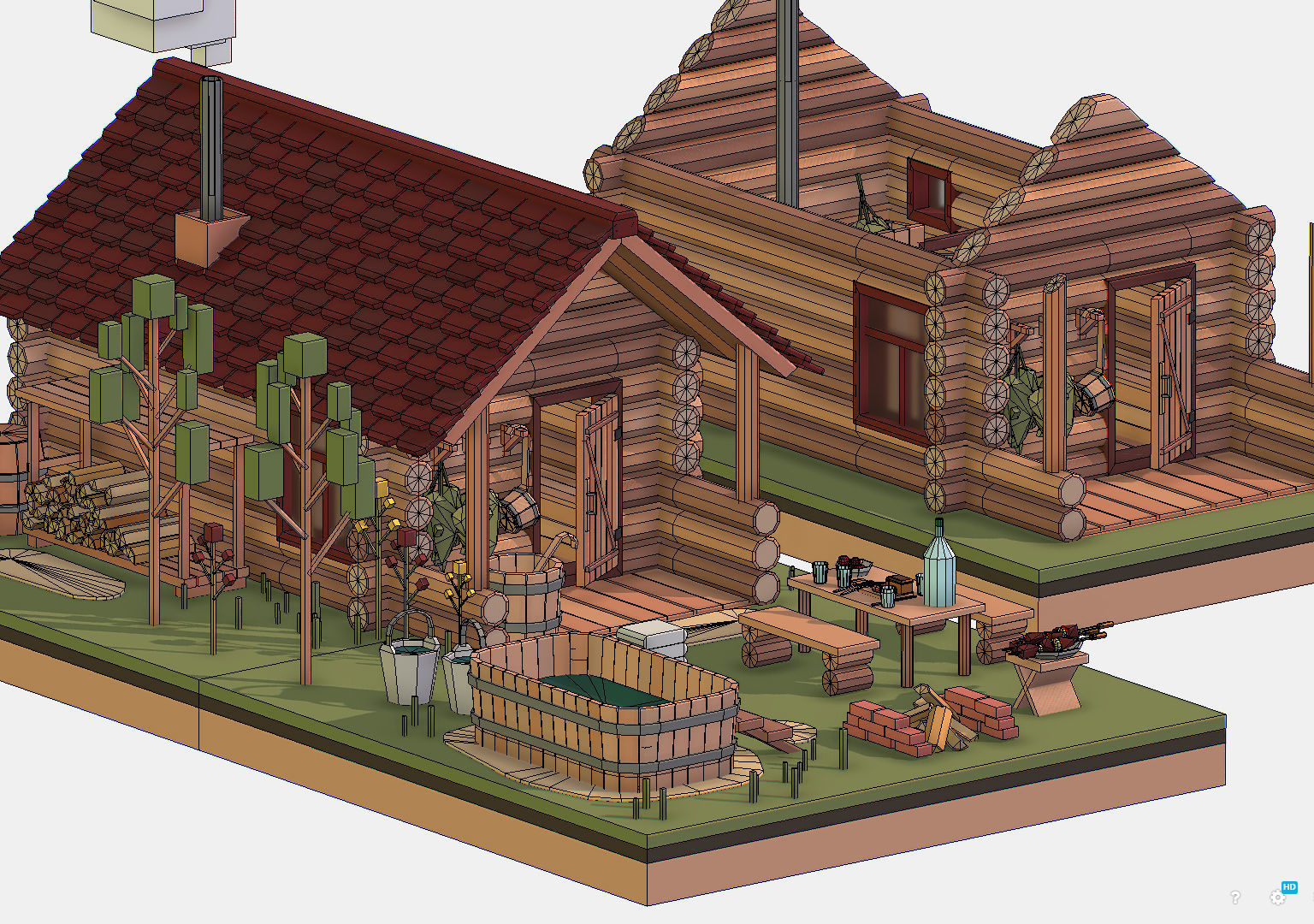 Isometric Russian Village Bathhouse Bath Accessories Low-poly 3D model_36