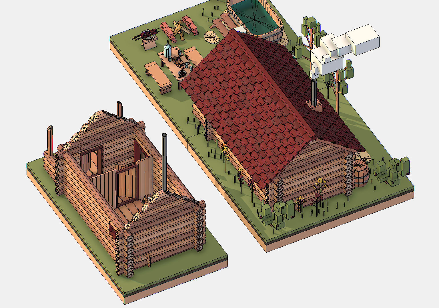 Isometric Russian Village Bathhouse Bath Accessories Low-poly 3D model_40