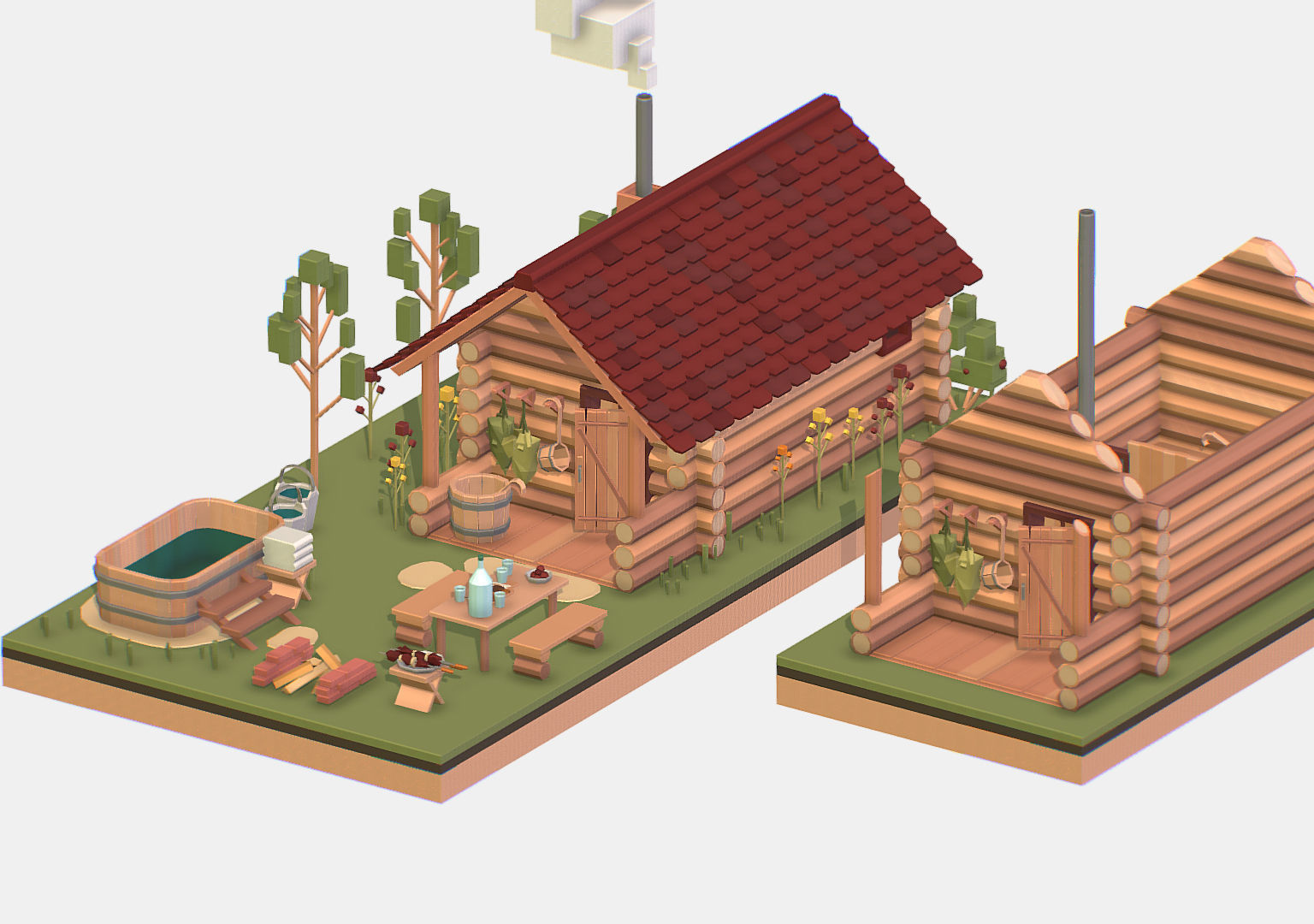 Isometric Russian Village Bathhouse Bath Accessories Low-poly 3D model_5