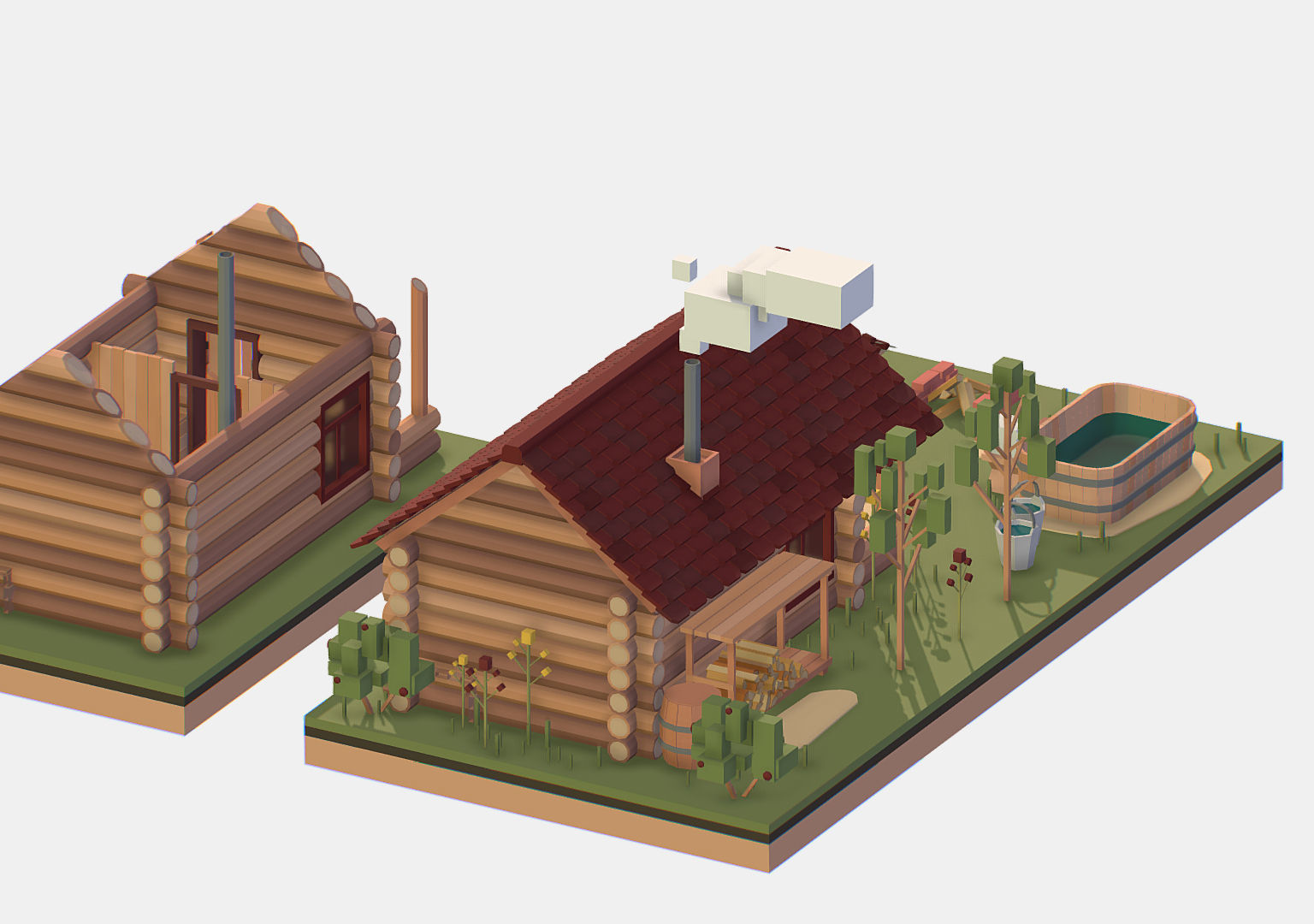 Isometric Russian Village Bathhouse Bath Accessories Low-poly 3D model_6