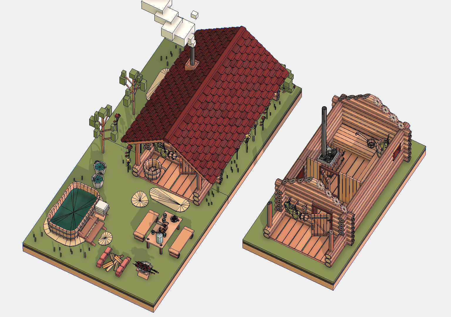 Isometric Russian Village Bathhouse Bath Accessories Low-poly 3D model_30
