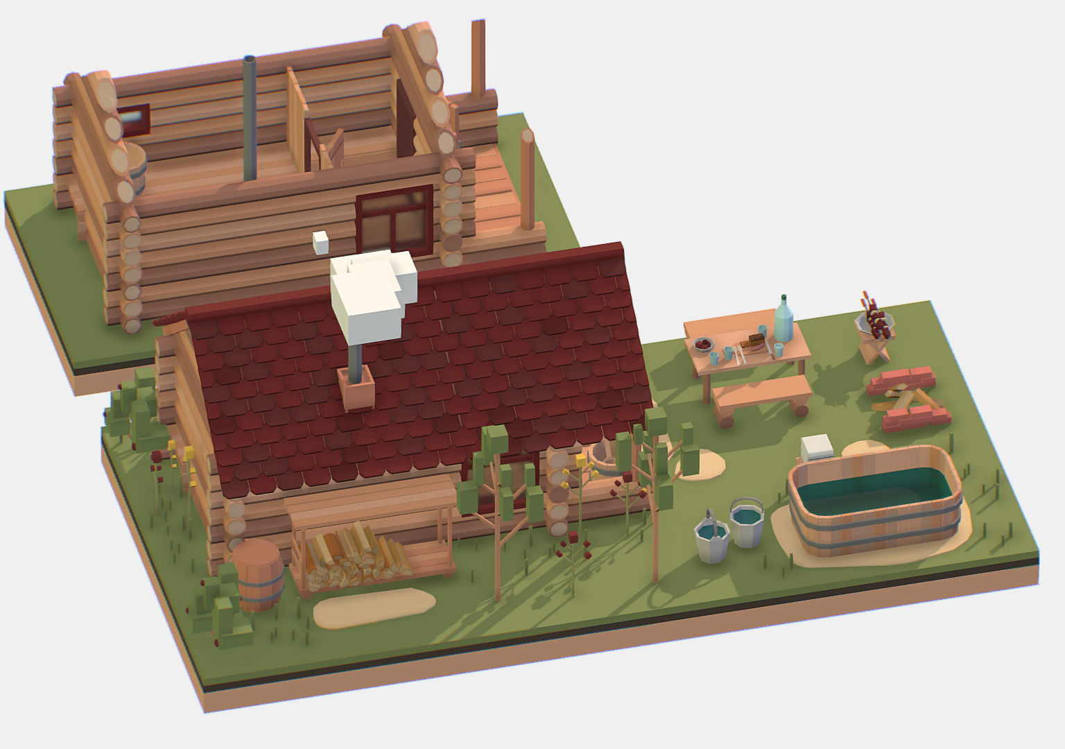 Isometric Russian Village Bathhouse Bath Accessories Low-poly 3D model_9