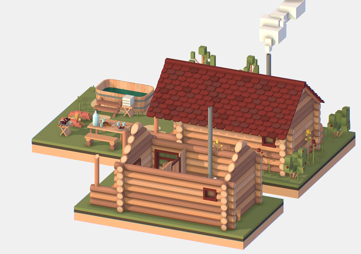 Isometric Russian Village Bathhouse Bath Accessories Low-poly 3D model_3