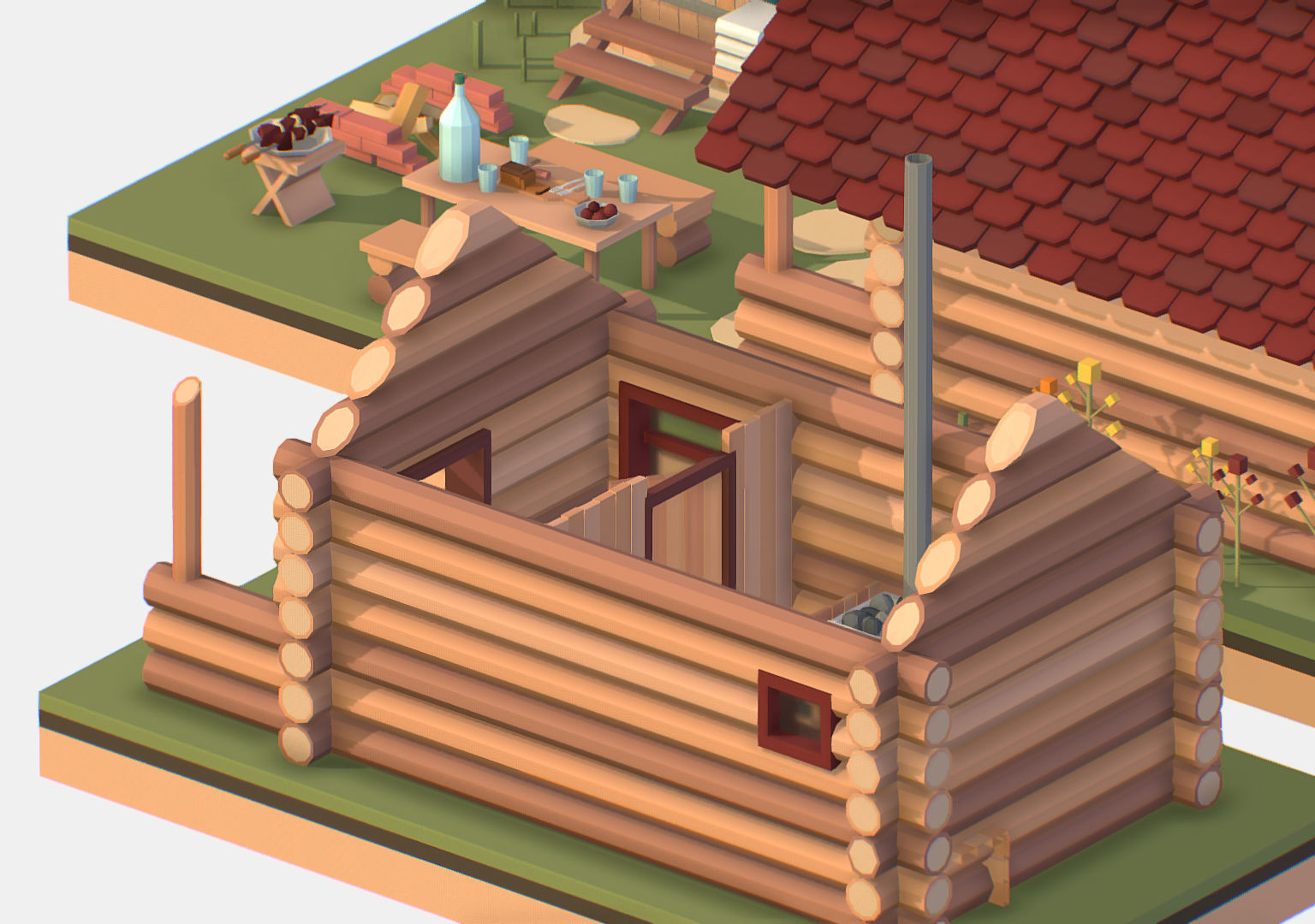 Isometric Russian Village Bathhouse Bath Accessories Low-poly 3D model_21