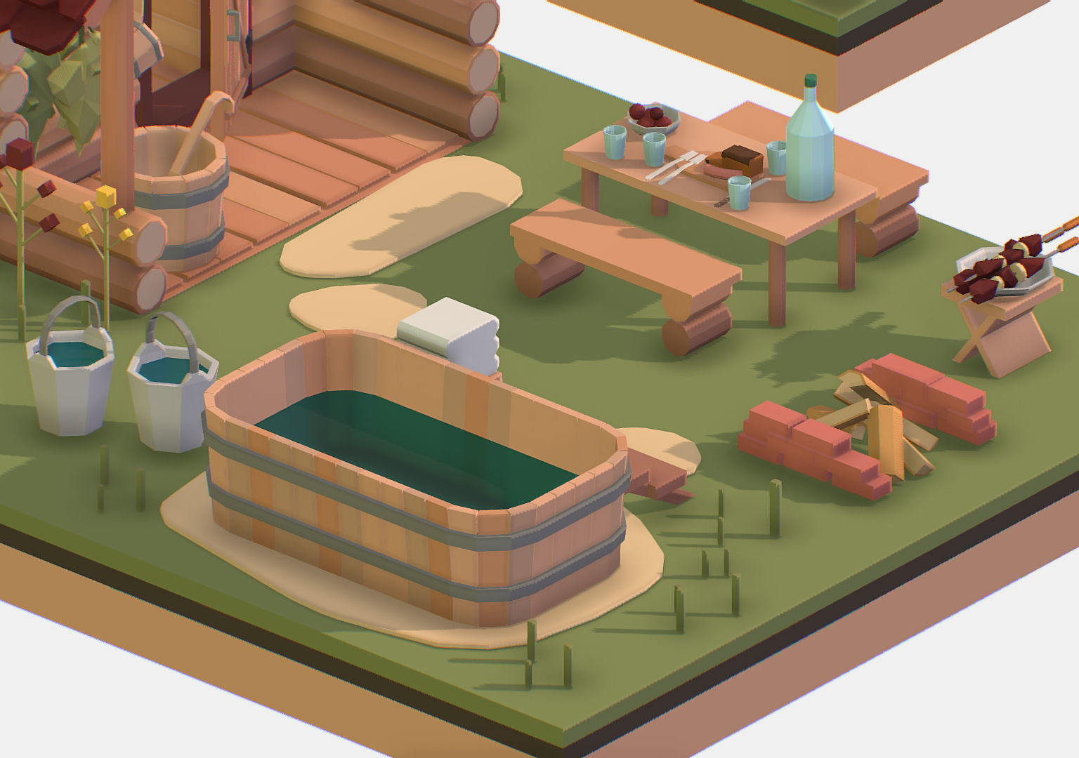 Isometric Russian Village Bathhouse Bath Accessories Low-poly 3D model_16
