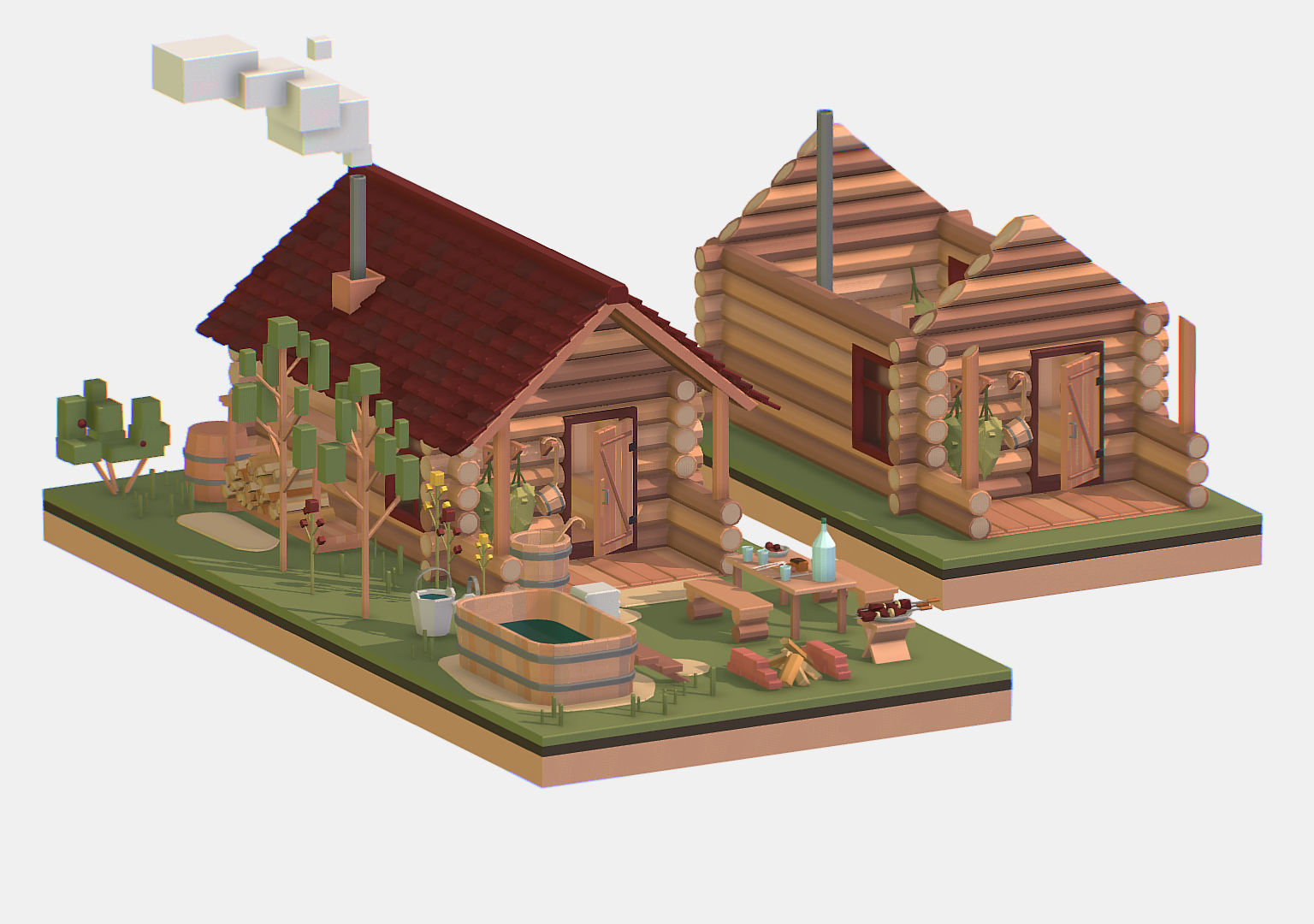 Isometric Russian Village Bathhouse Bath Accessories Low-poly 3D model_2