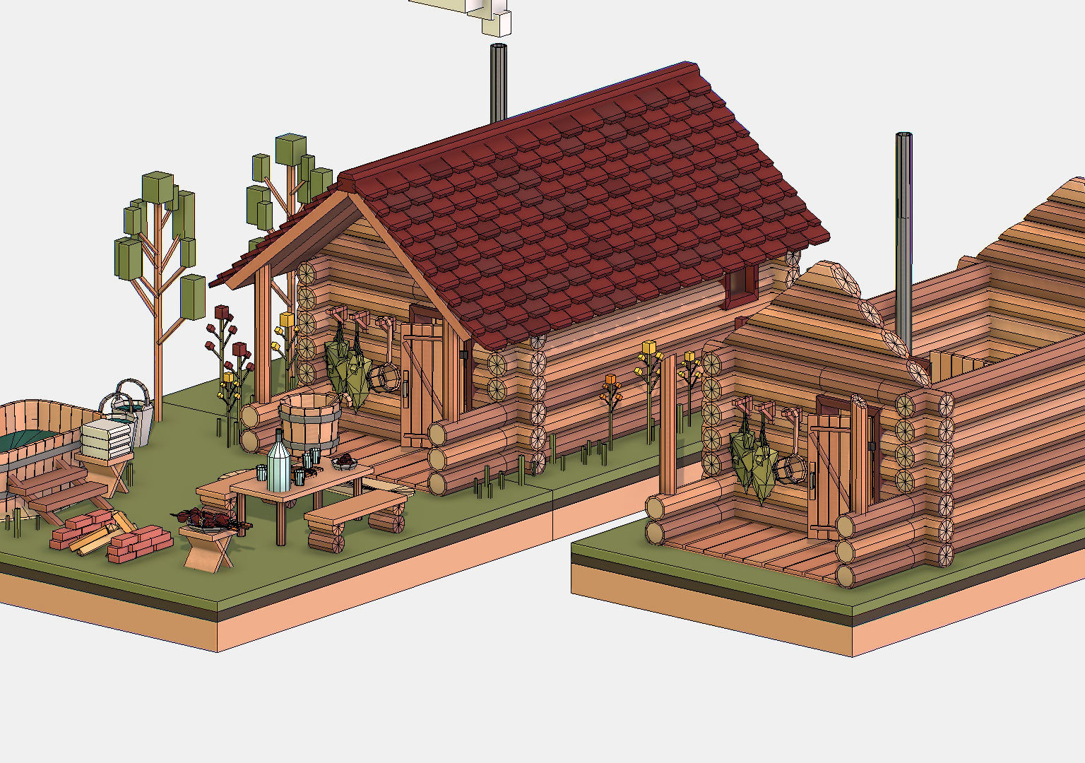 Isometric Russian Village Bathhouse Bath Accessories Low-poly 3D model_28