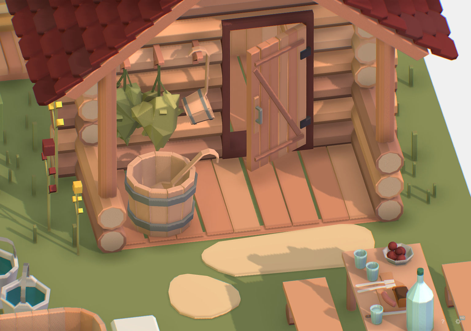 Isometric Russian Village Bathhouse Bath Accessories Low-poly 3D model_18