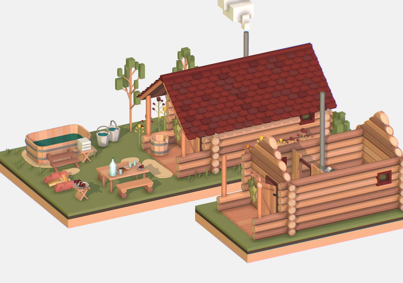 Isometric Russian Village Bathhouse Bath Accessories Low-poly 3D model_8