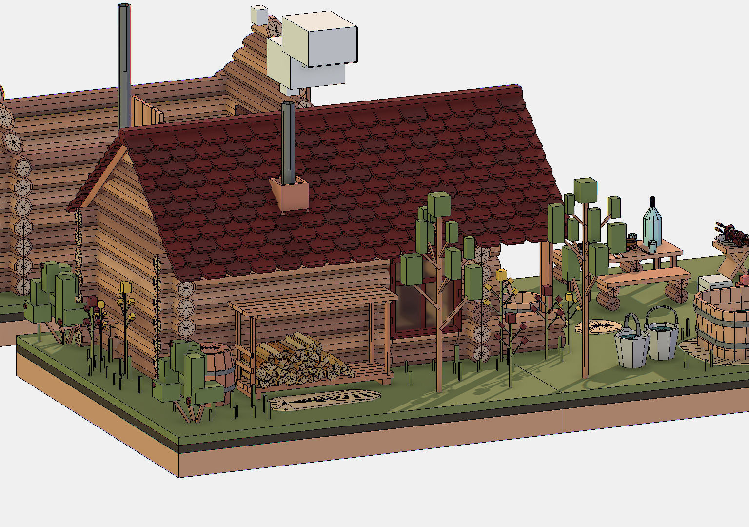 Isometric Russian Village Bathhouse Bath Accessories Low-poly 3D model_38