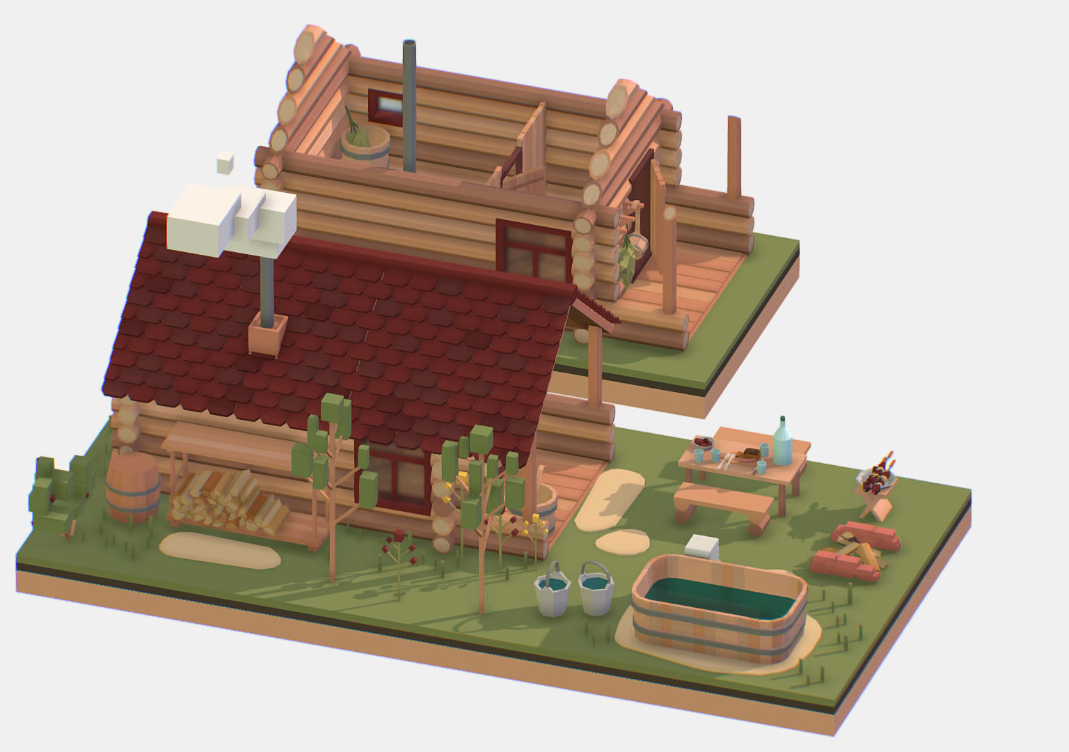Isometric Russian Village Bathhouse Bath Accessories Low-poly 3D model_10